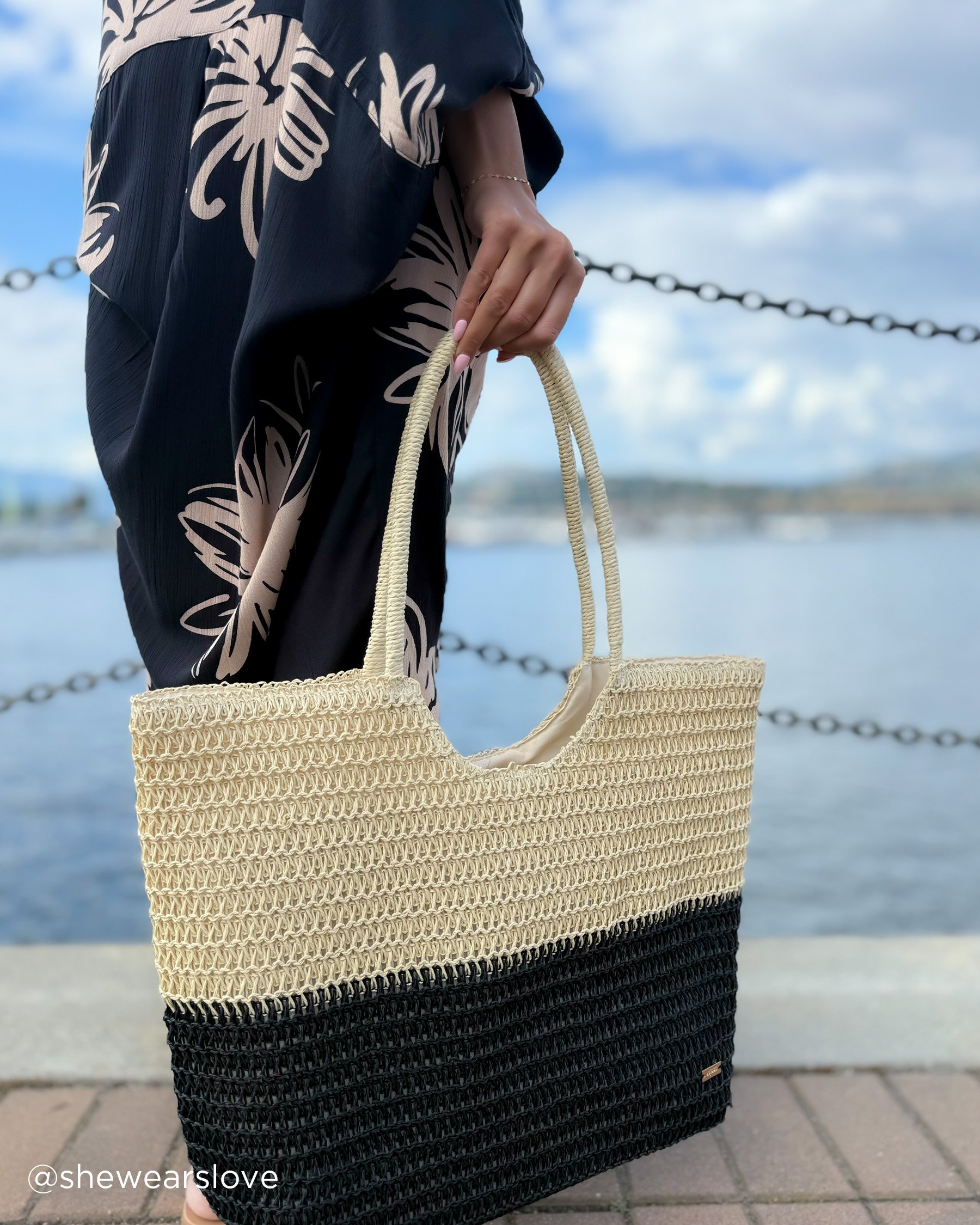 LA VIE EN ROSE AQUA Straw Bag Beige/Black 80500114 - View7