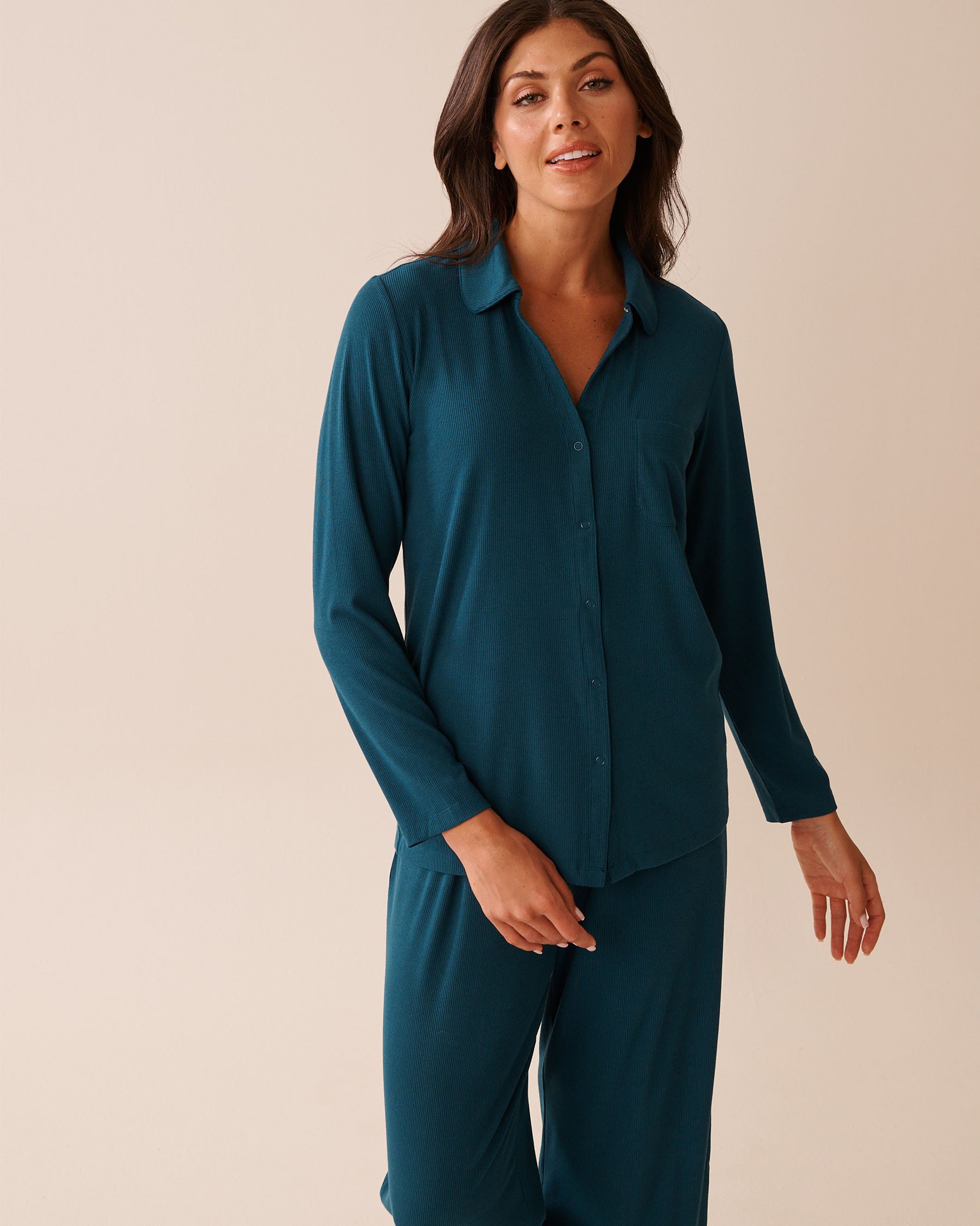 LA VIE EN ROSE Ribbed Modal Button-down Shirt Dark Cyan 60100152 - View1