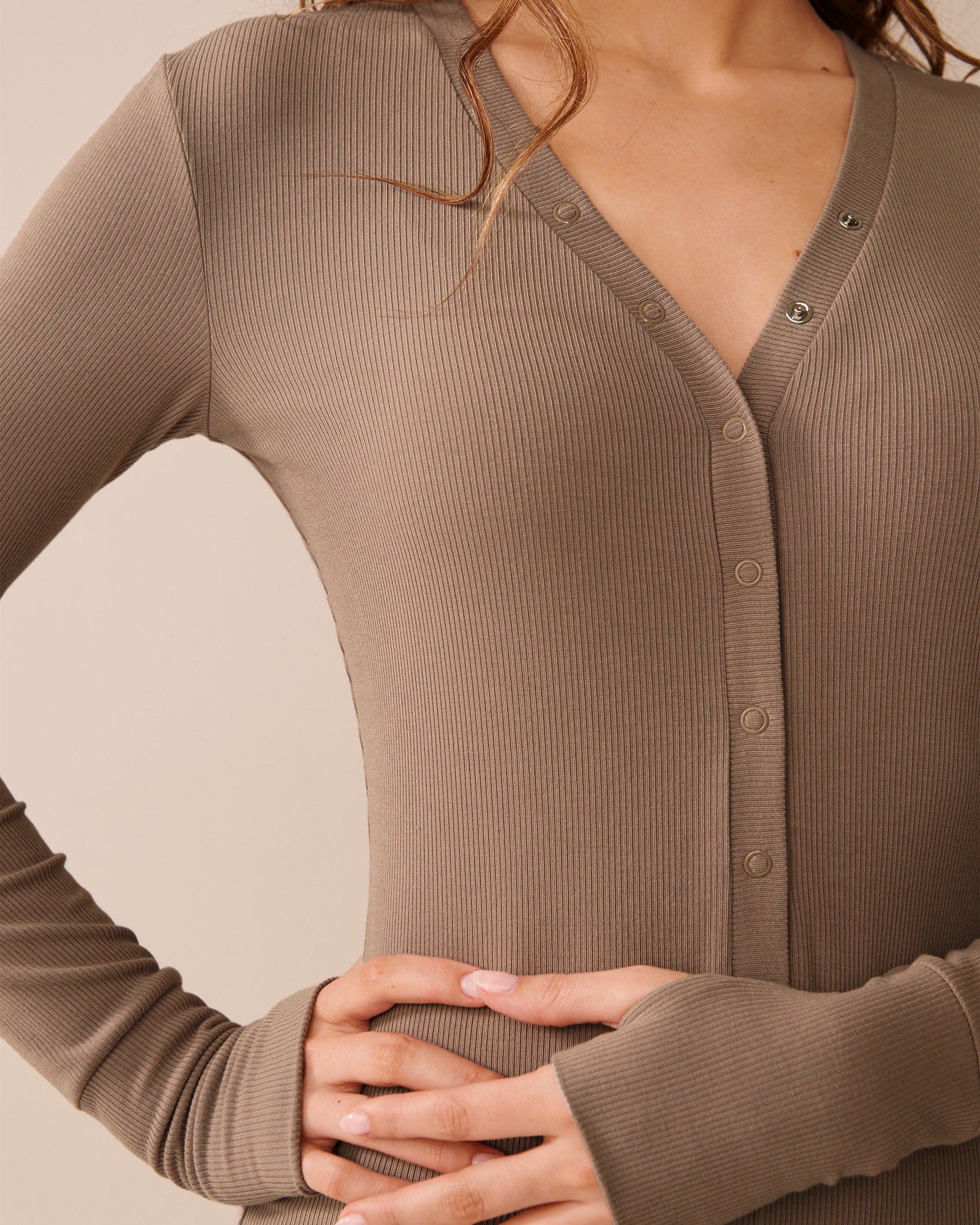 LA VIE EN ROSE Ribbed Modal Long Sleeve Romper Brown 60300108 - View3