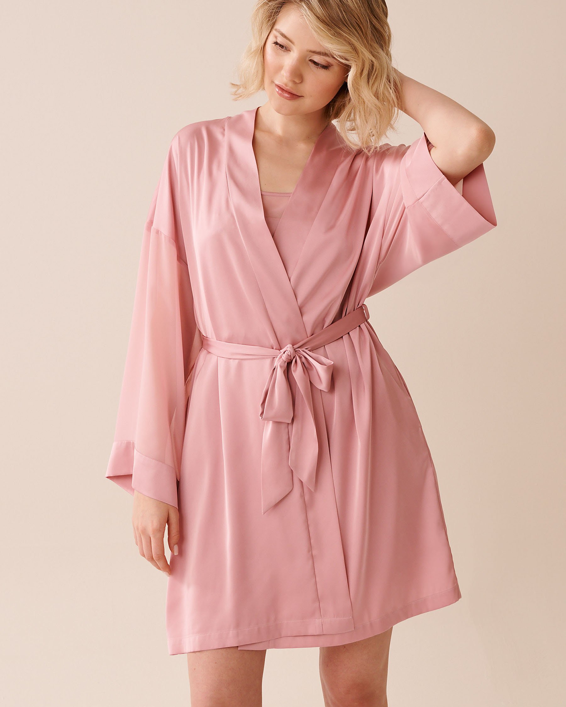 LA VIE EN ROSE Chiffon and Satin Kimono Blush Pink 60600102 - View1