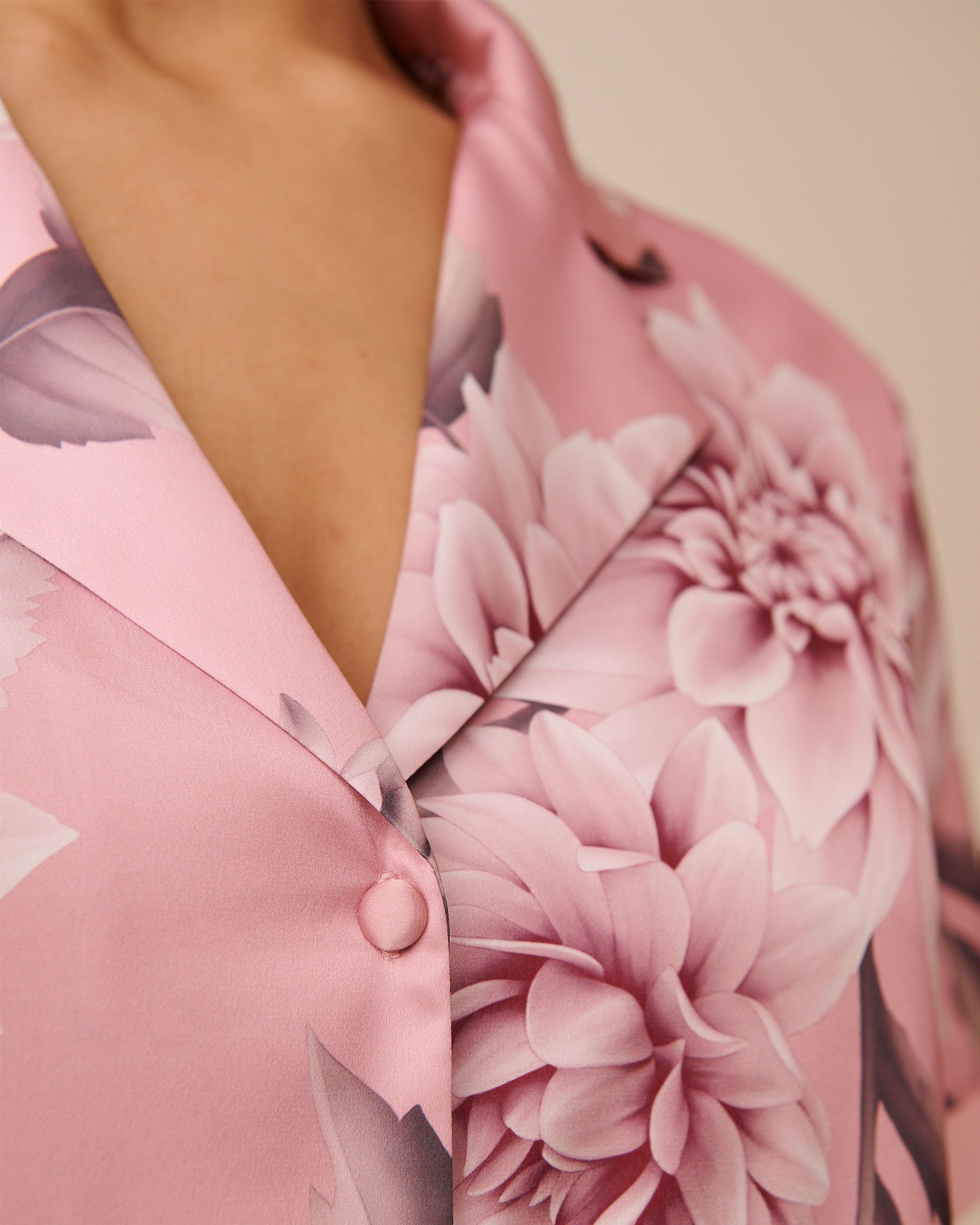 LA VIE EN ROSE Dahlia Print Satin and Chiffon Button-down Shirt Pink Dahlias 60100150 - View3