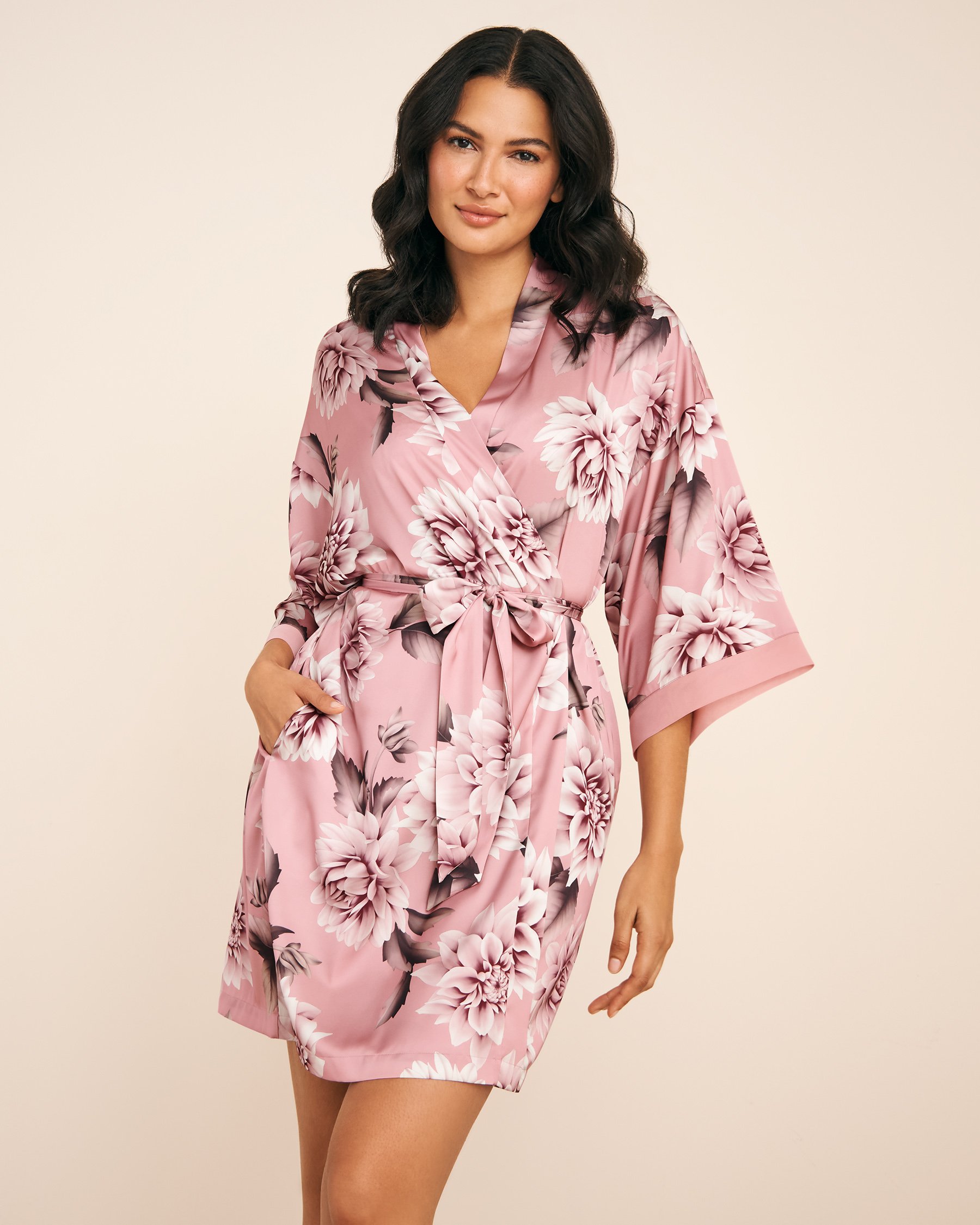 LA VIE EN ROSE Dahlia Print Satin and Chiffon Kimono Pink Dahlias 60600101 - View1