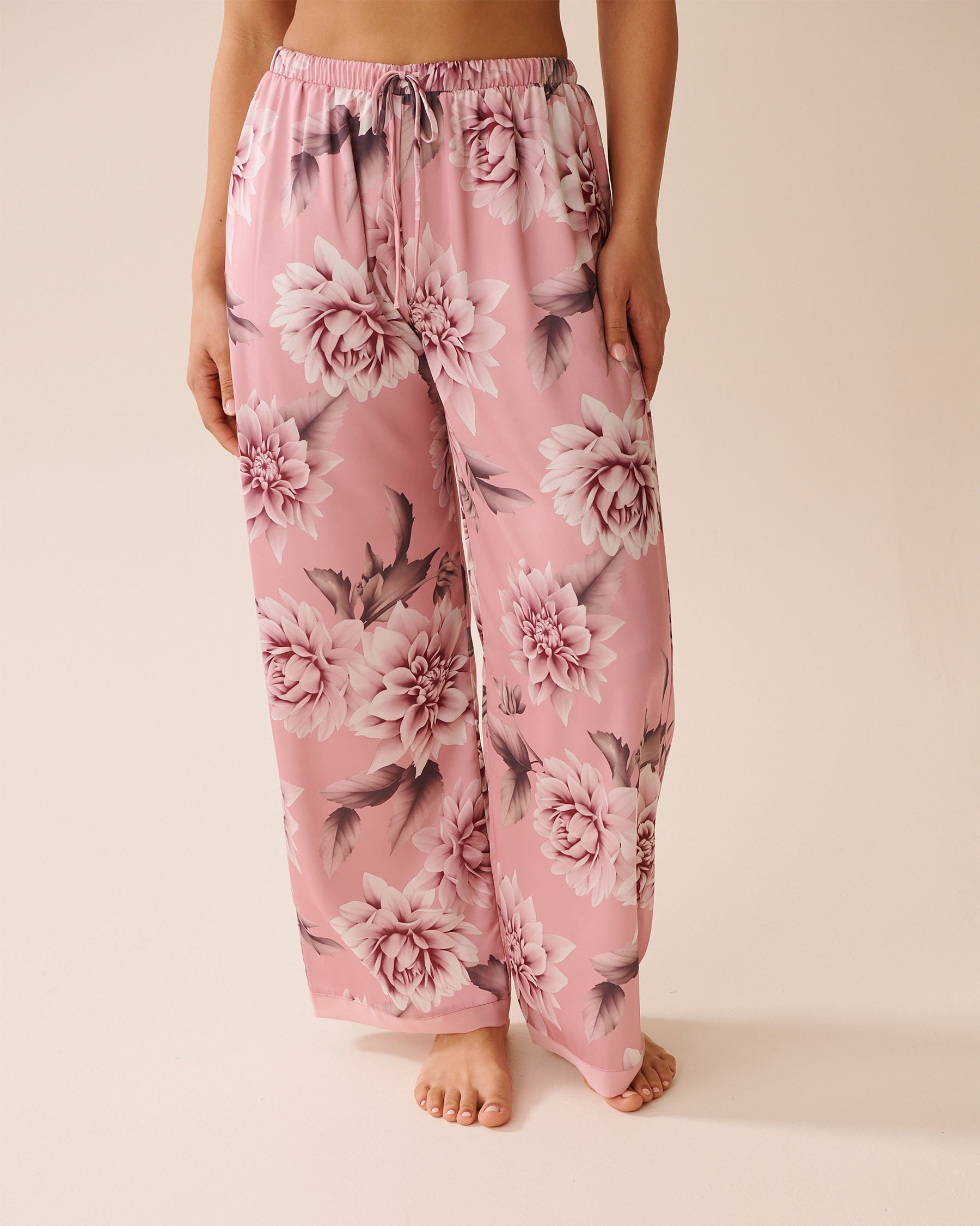 LA VIE EN ROSE Dahlia Print Satin and Chiffon Pants Pink Dahlias 60200143 - View1