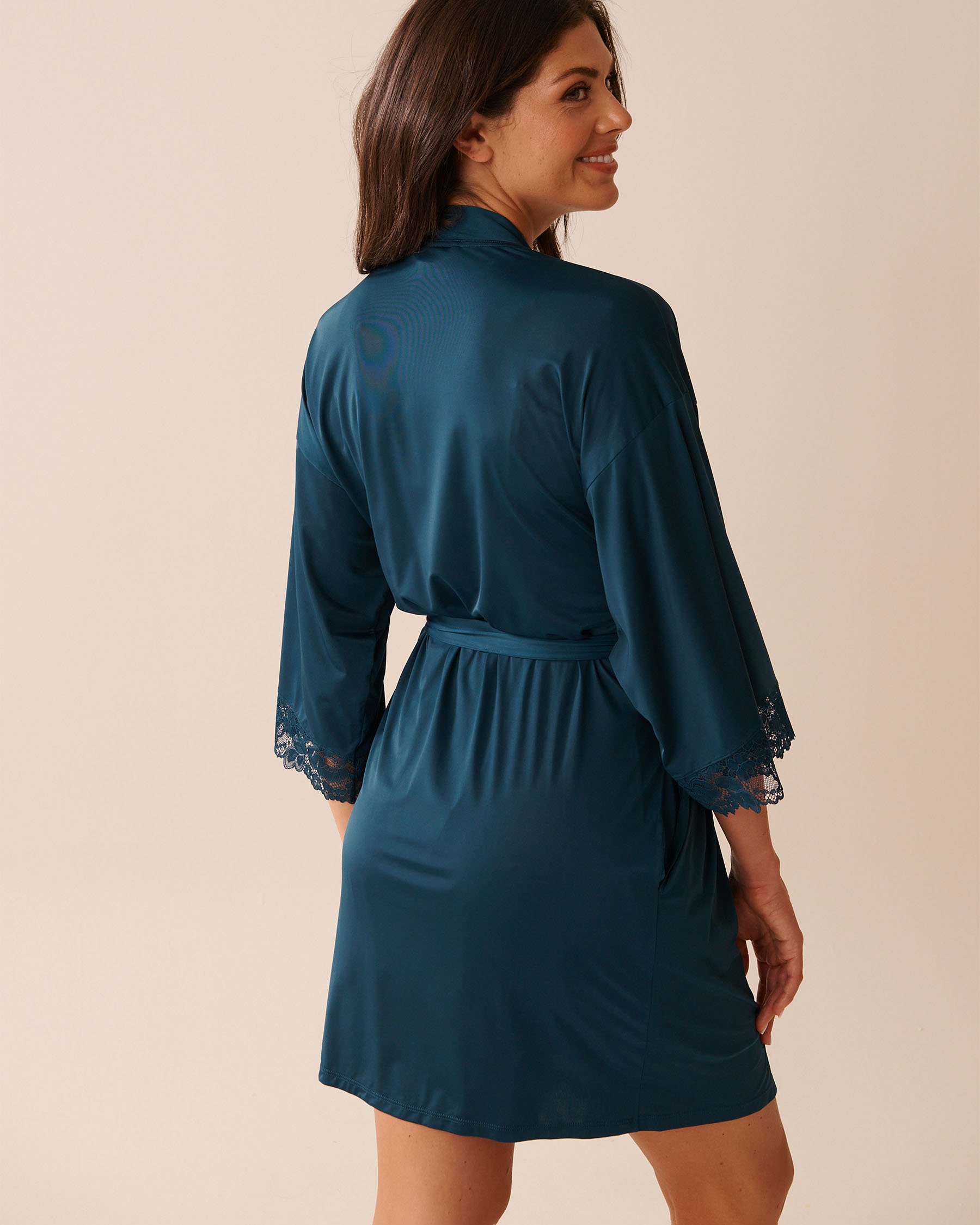 LA VIE EN ROSE Lace Trim Kimono Dark Cyan 60600103 - View2