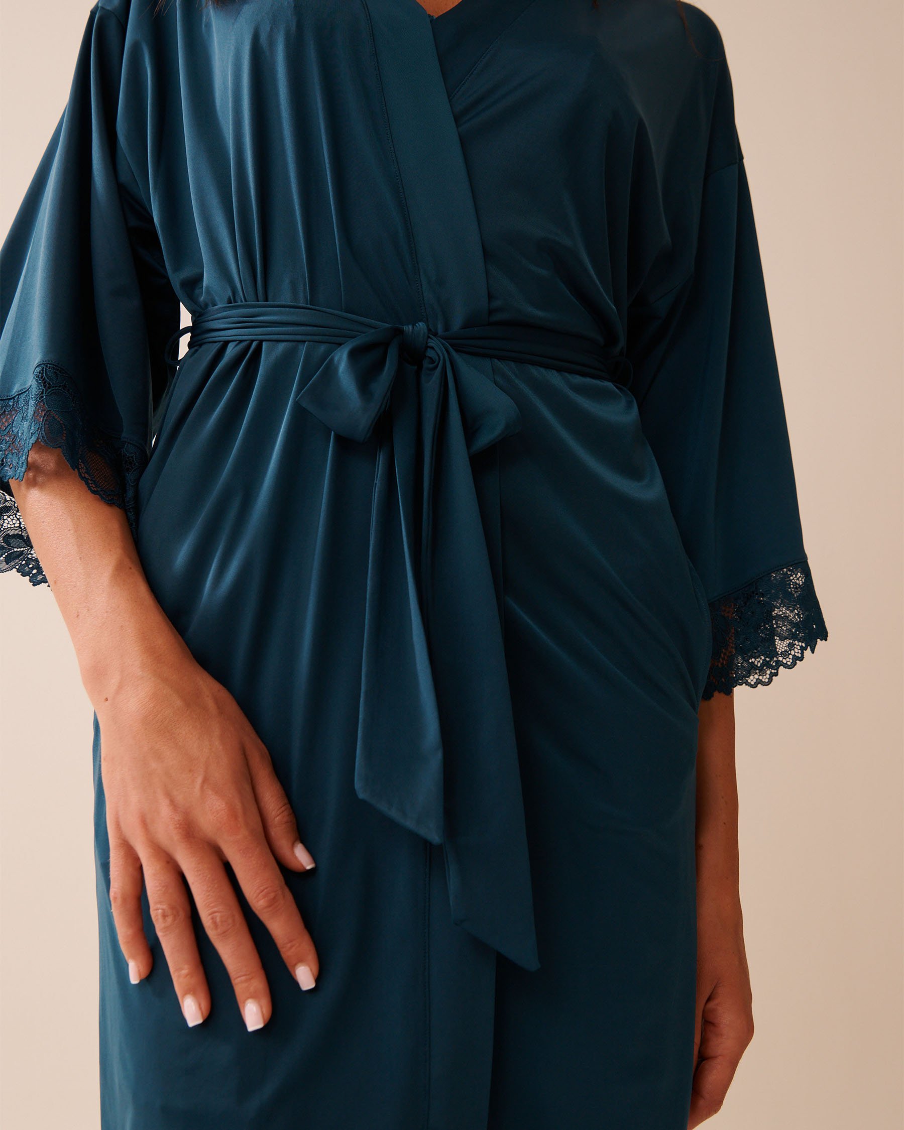 LA VIE EN ROSE Lace Trim Kimono Dark Cyan 60600103 - View3