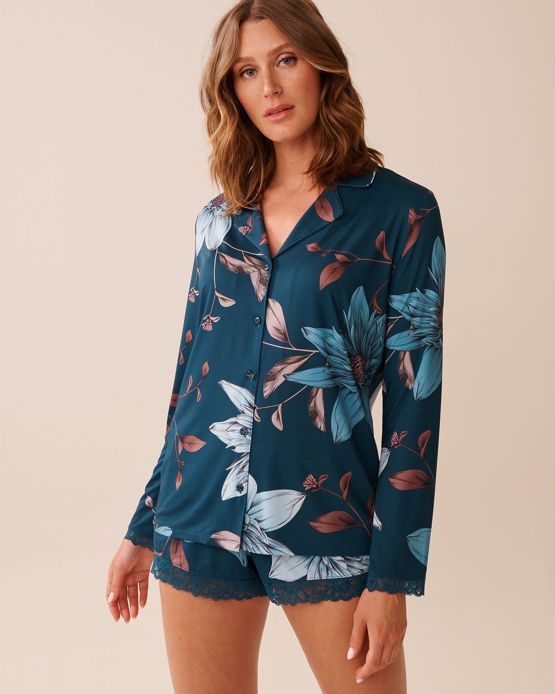 LA VIE EN ROSE Recycled Fibers Chrysanthemum Print Lace Trim Button-down Shirt Blue Chrysanthemum 60100155 - View1