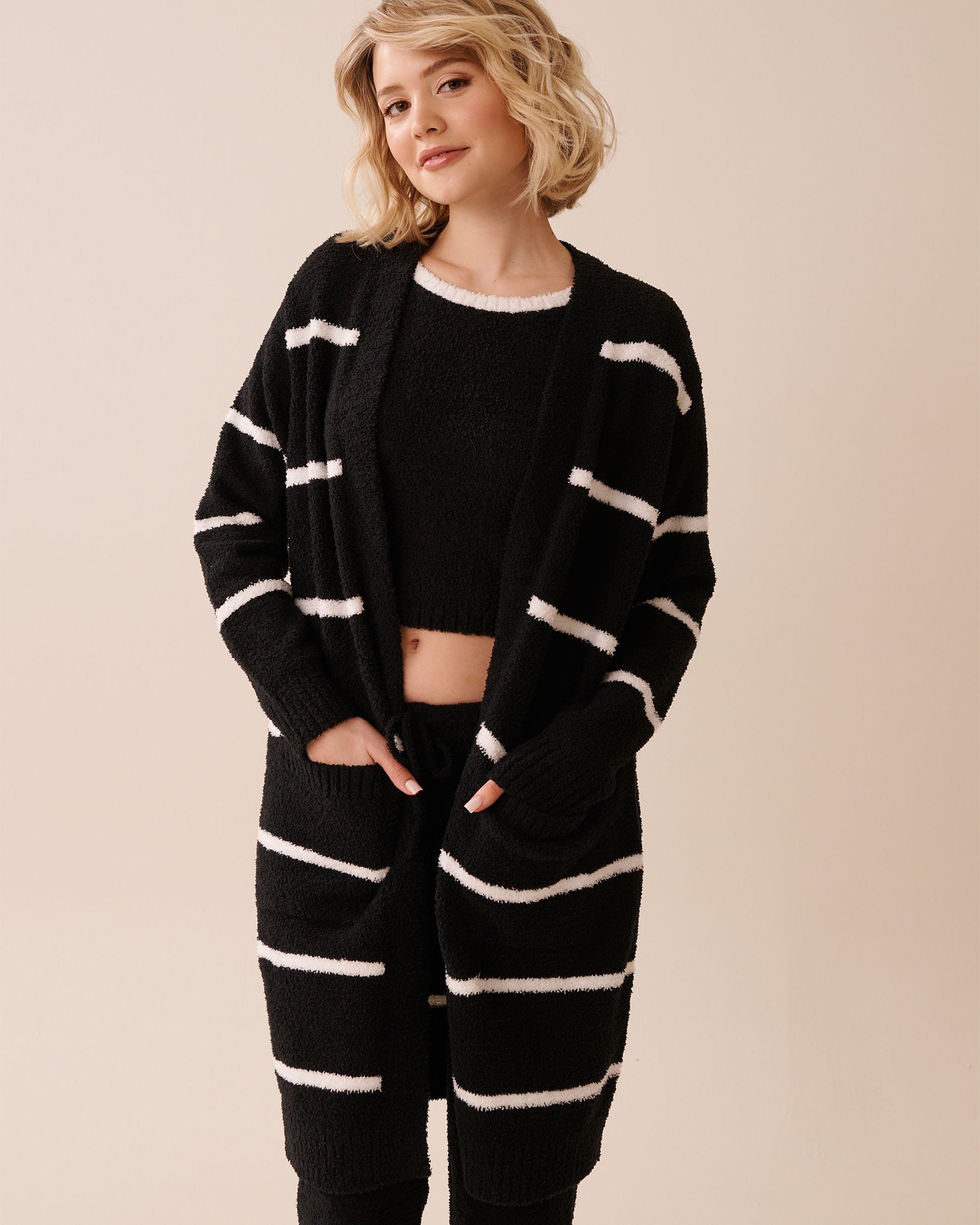 LA VIE EN ROSE Chenille Long Cardigan Black & White Stripes 50500016 - View1