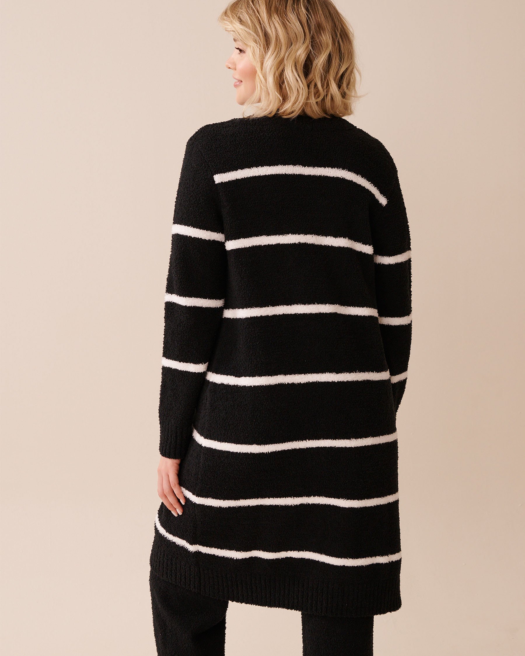 LA VIE EN ROSE Chenille Long Cardigan Black & White Stripes 50500016 - View2