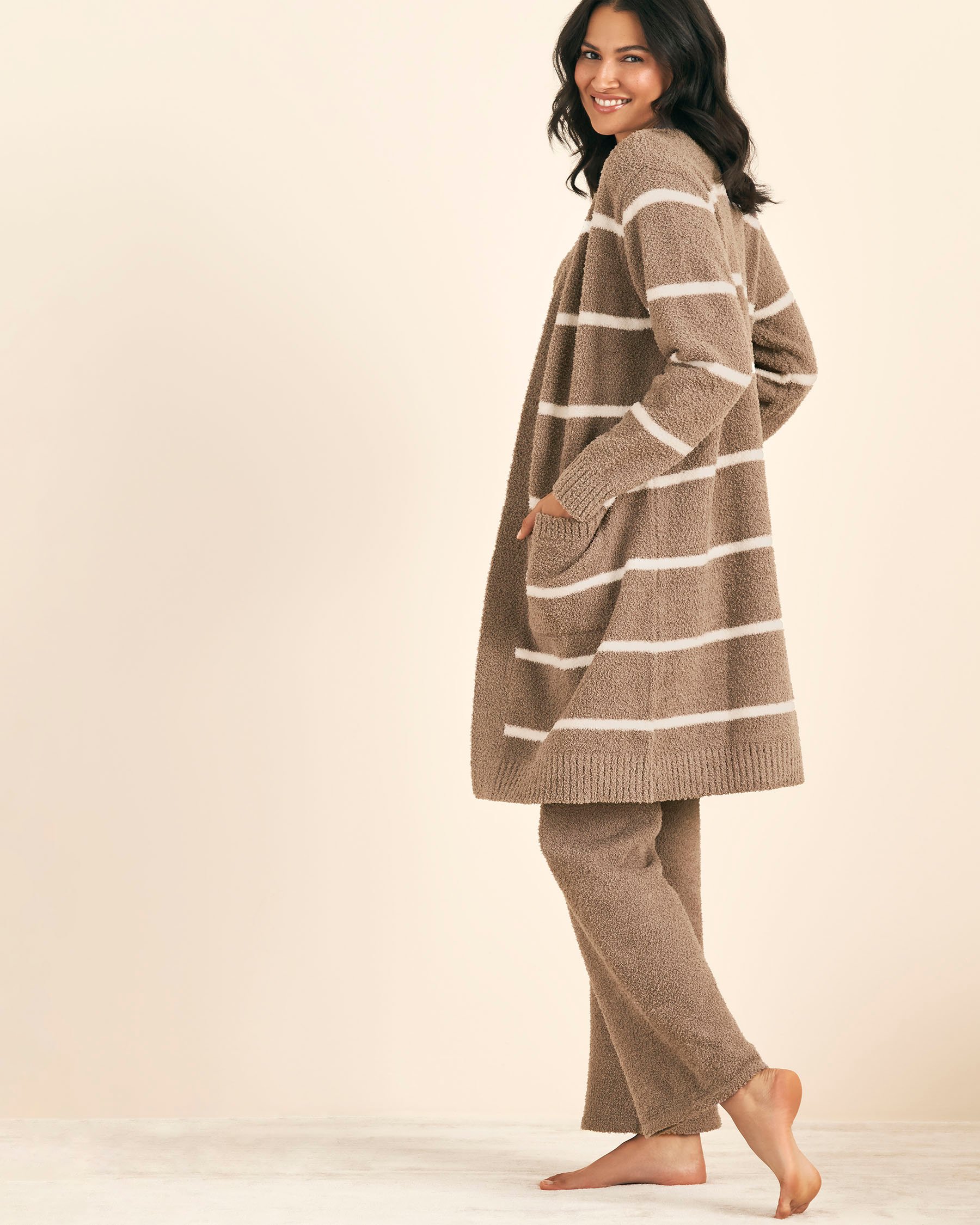 LA VIE EN ROSE Chenille Long Cardigan Brown & White Stripes 50500016 - View2