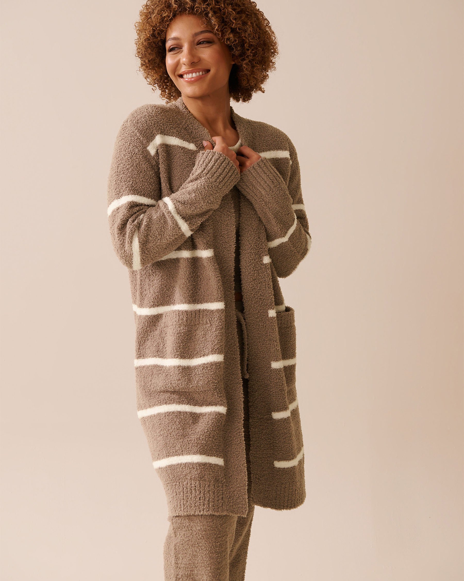 LA VIE EN ROSE Chenille Long Cardigan Brown & White Stripes 50500016 - View3