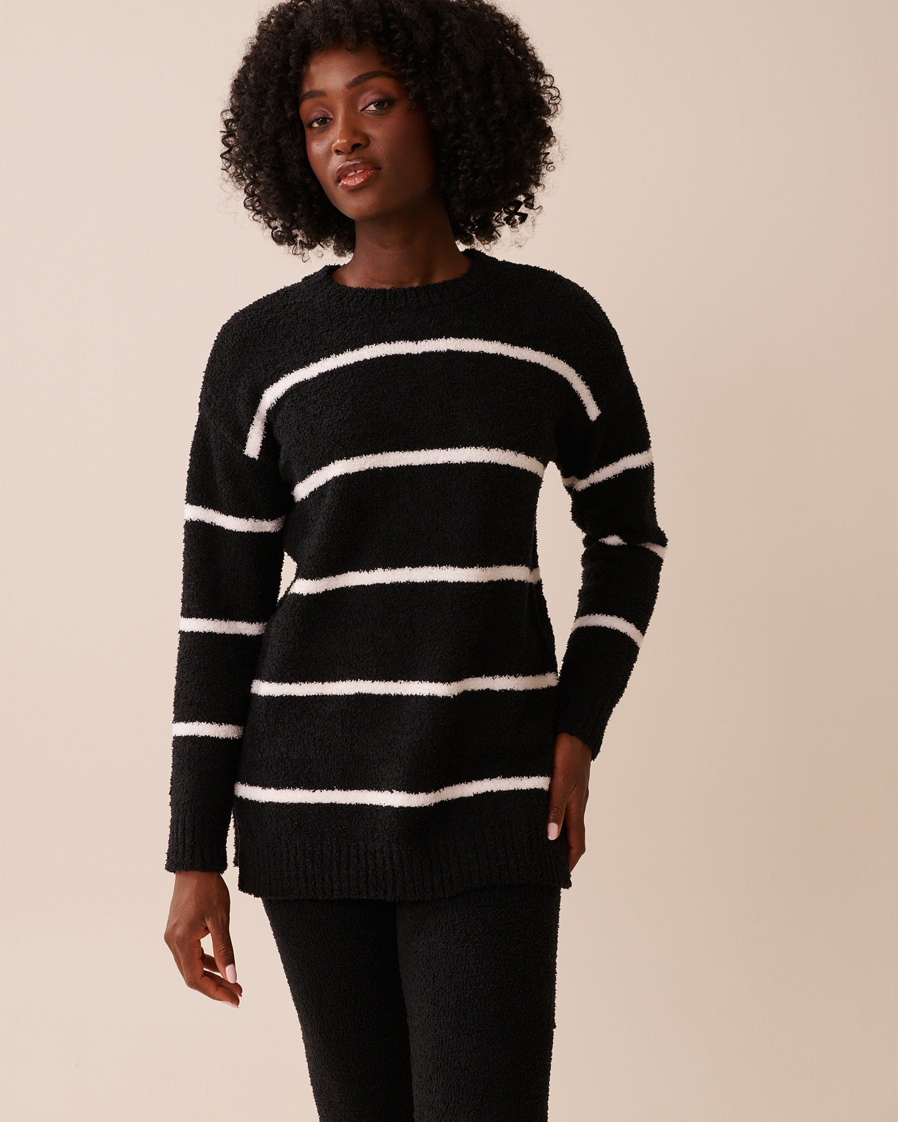 LA VIE EN ROSE Chenille Long Sleeve Shirt Black & White Stripes 50100114 - View1