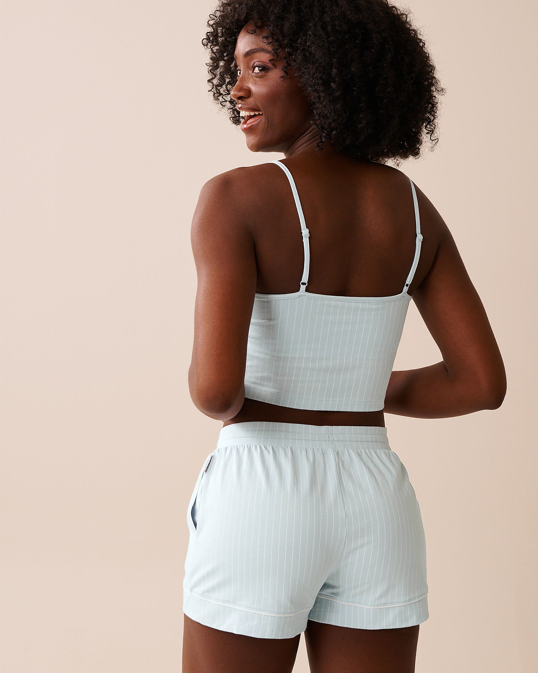 LA VIE EN ROSE Cotton Crop Cami with Shelf Bra Baby Blue & White Stripes 40100782 - View2