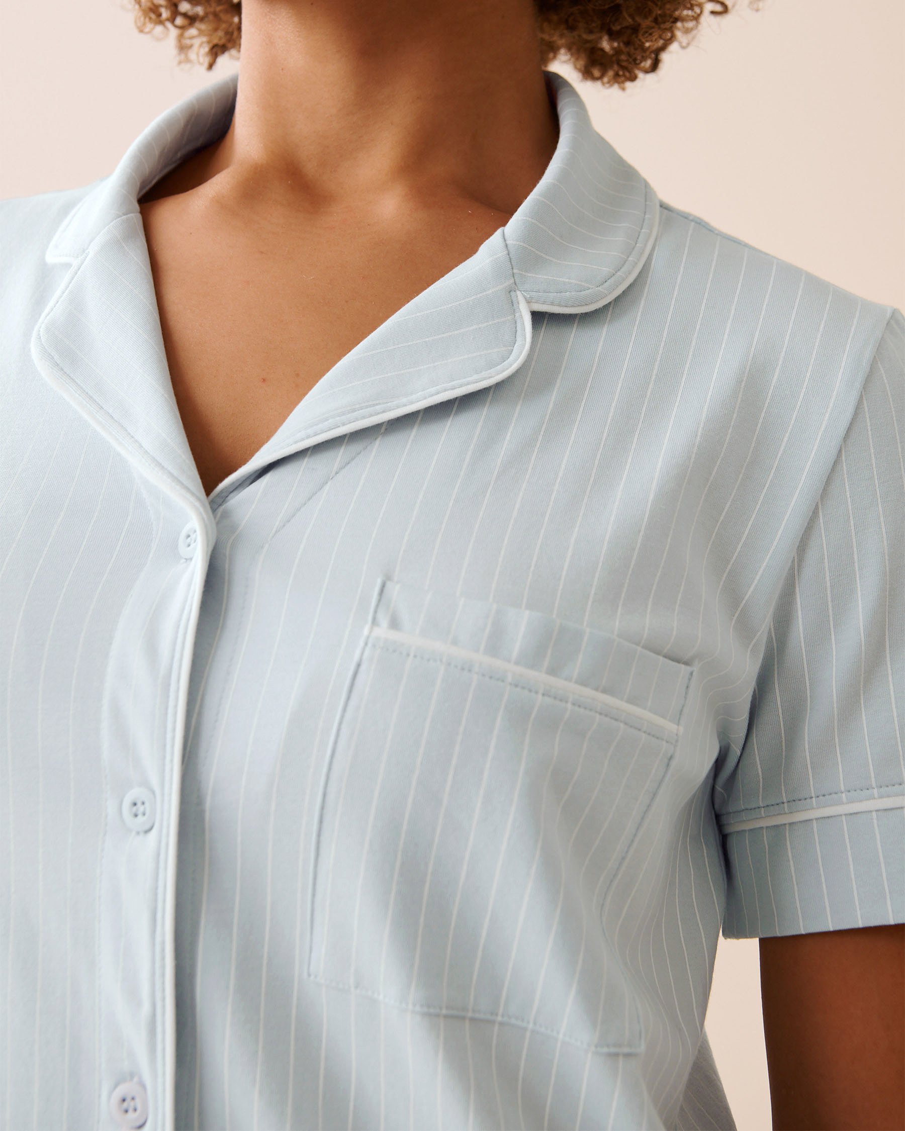 LA VIE EN ROSE Cotton Short Sleeve Button-down Shirt Baby Blue & White Stripes 40100783 - View5