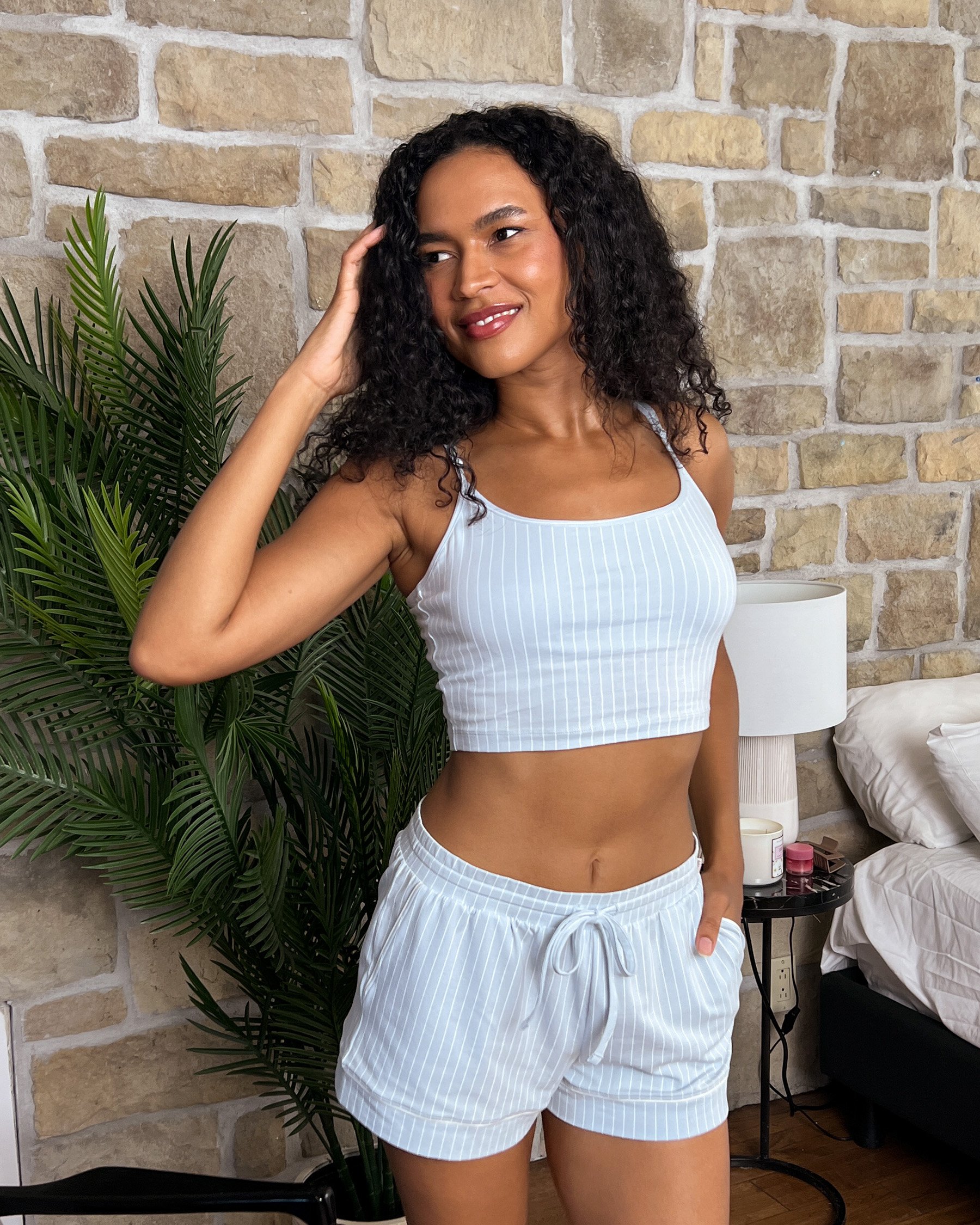 LA VIE EN ROSE Cotton Pajama Shorts Baby Blue & White Stripes 40200770 - View3