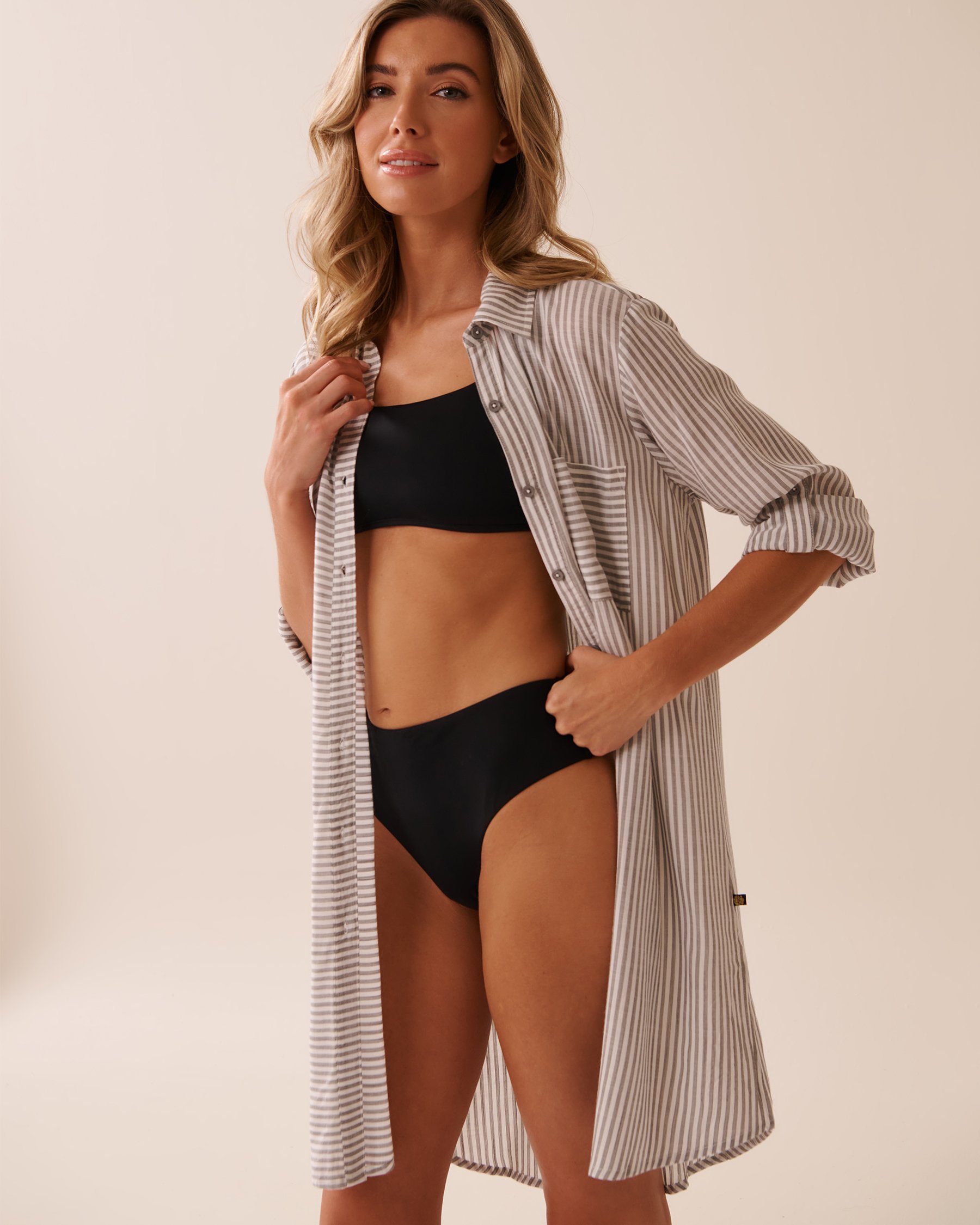 LA VIE EN ROSE AQUA Long Striped Button-down Shirt Grey Stripes 80100036 - View6