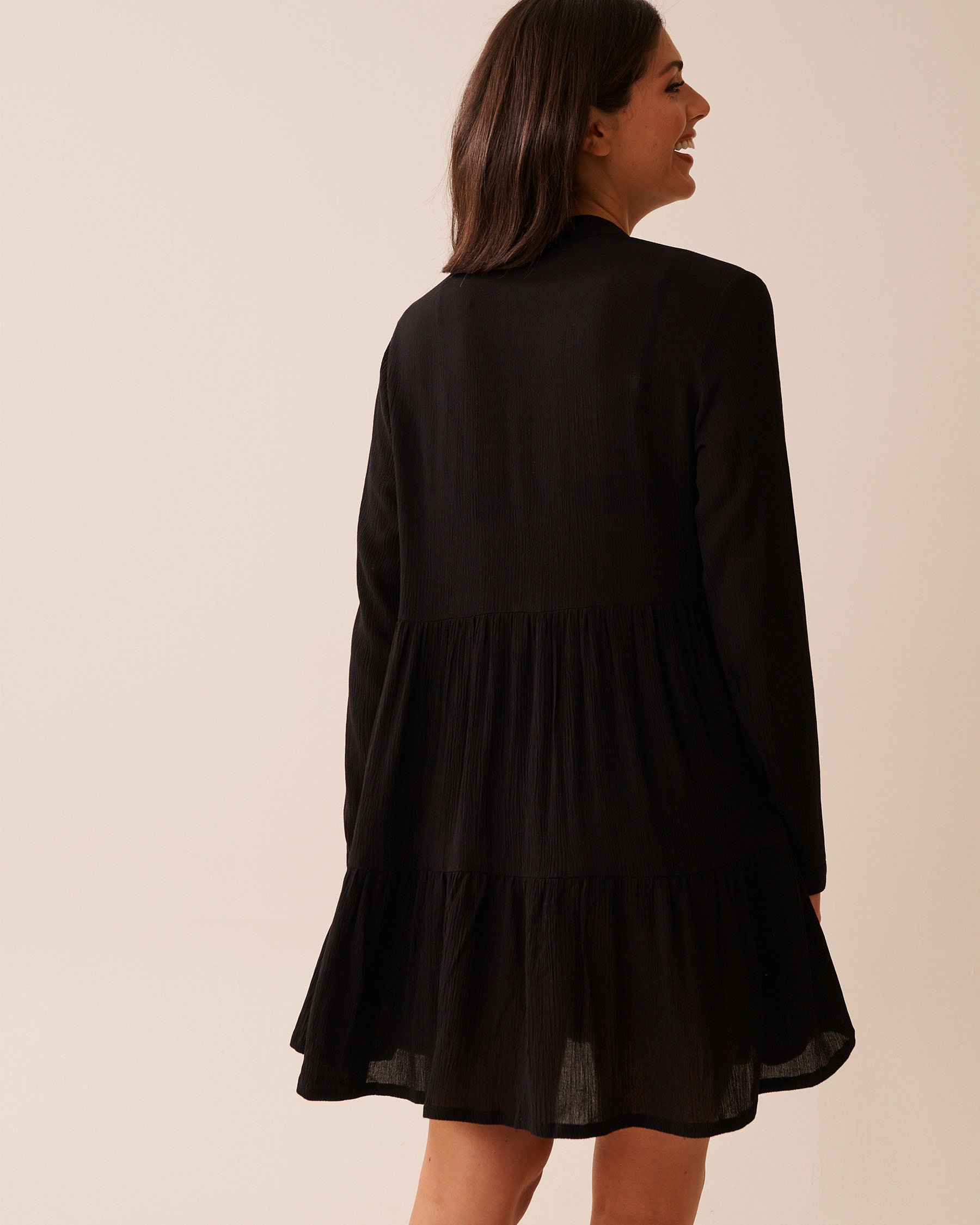 LA VIE EN ROSE AQUA Long Sleeve Tiered Gauze Dress Black 80300123 - View2