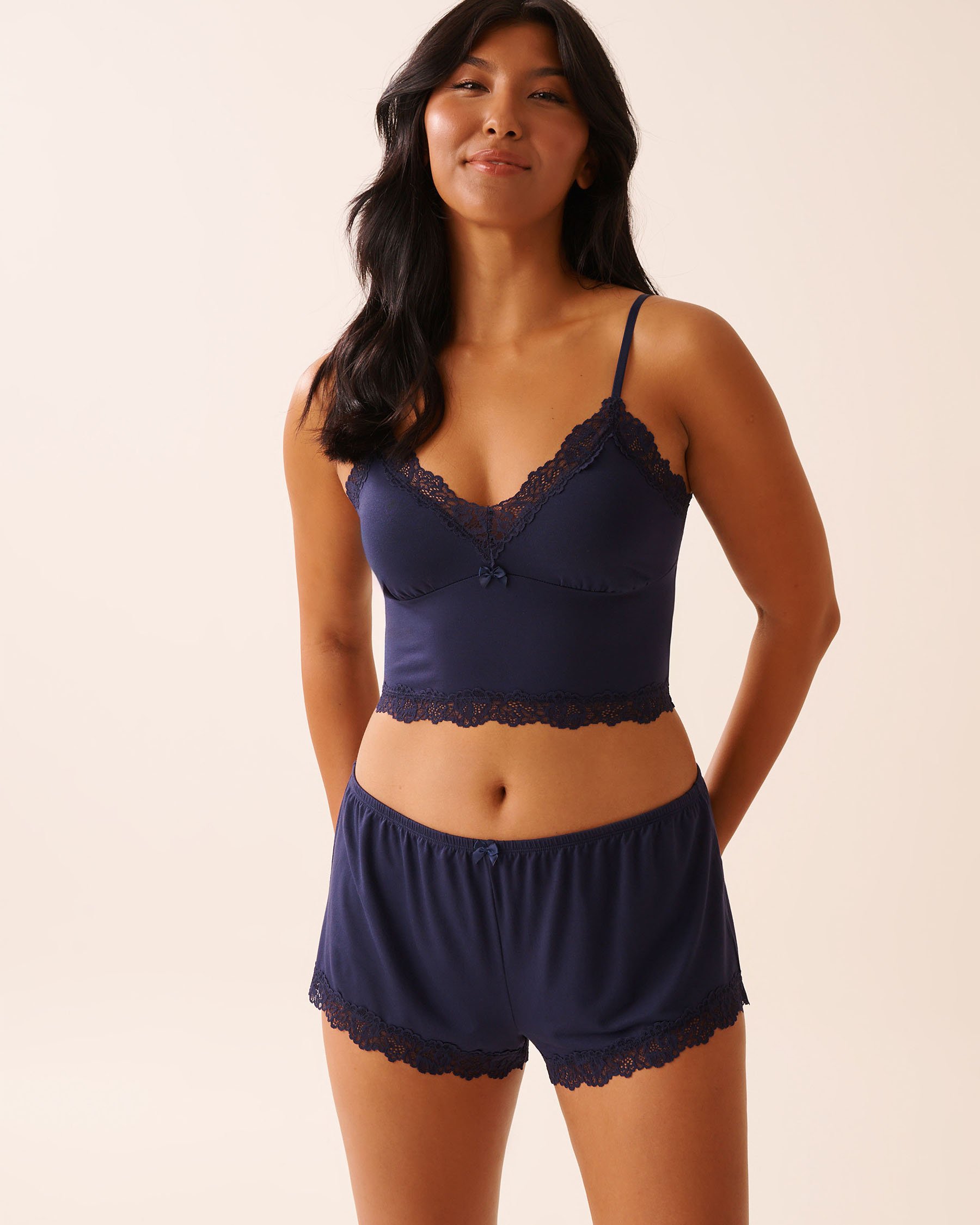 LA VIE EN ROSE Lace Trim Modal Crop Cami Evening Blue 60100164 - View1