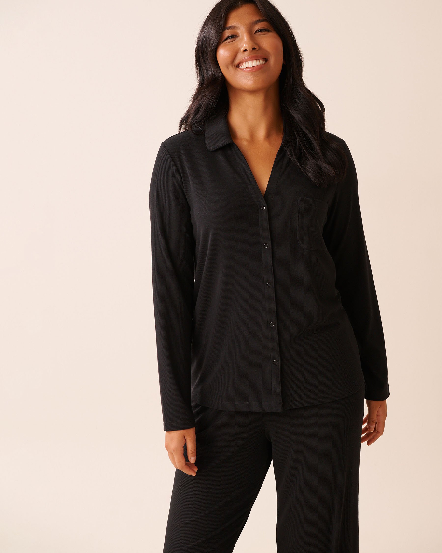 LA VIE EN ROSE Ribbed Modal Button-down Shirt Black 60100173 - View1