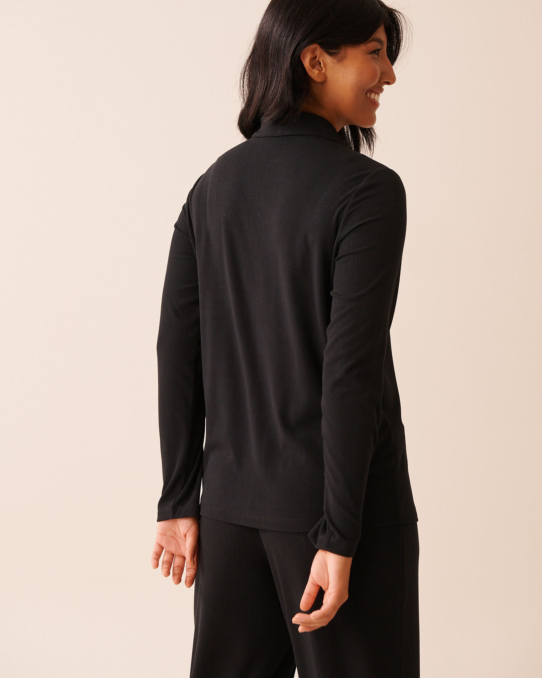 LA VIE EN ROSE Ribbed Modal Button-down Shirt Black 60100173 - View2