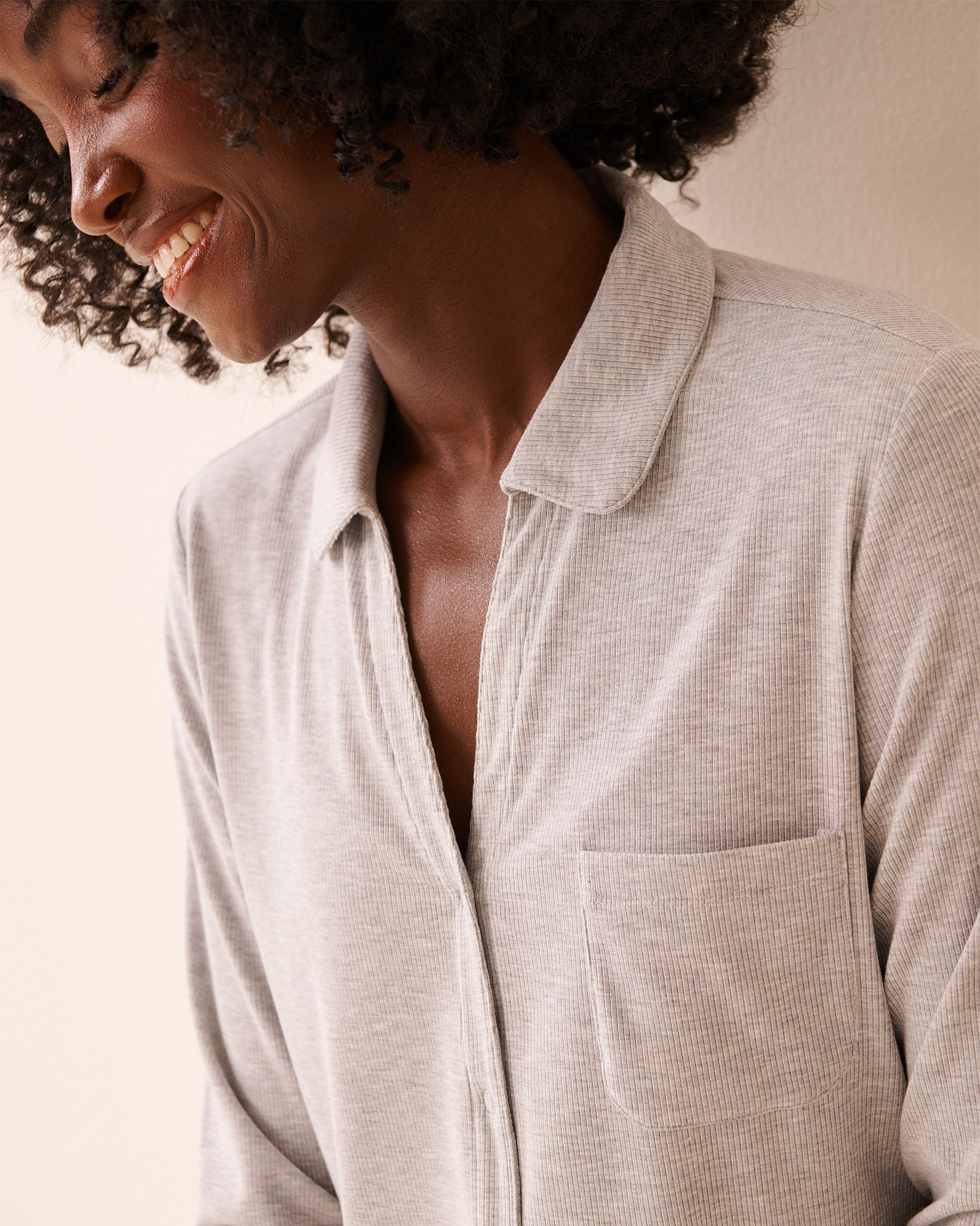 LA VIE EN ROSE Ribbed Modal Button-down Shirt Grey 60100173 - View3