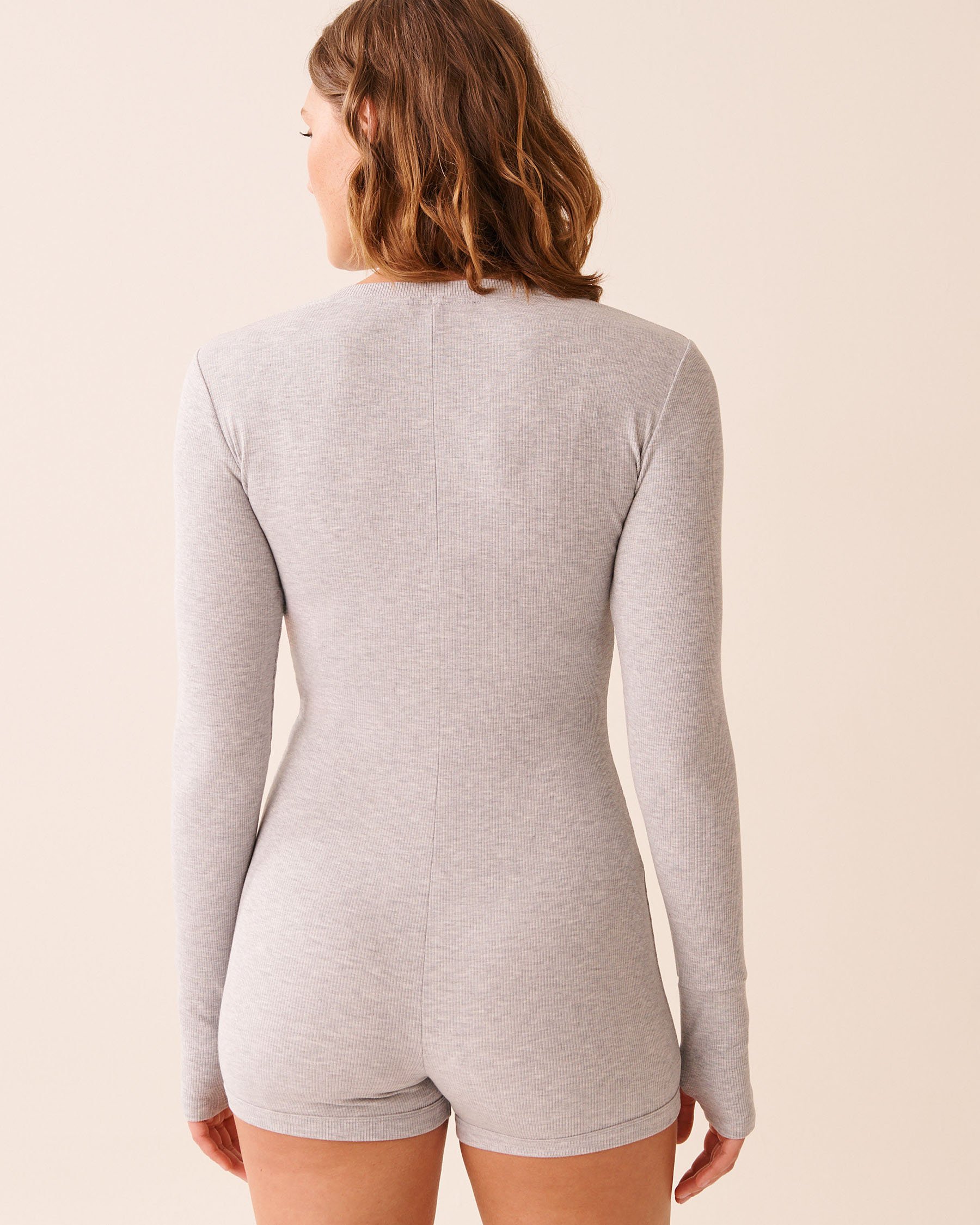 LA VIE EN ROSE Combishort manches longues en modal côtelé Gris 60300117 - View2