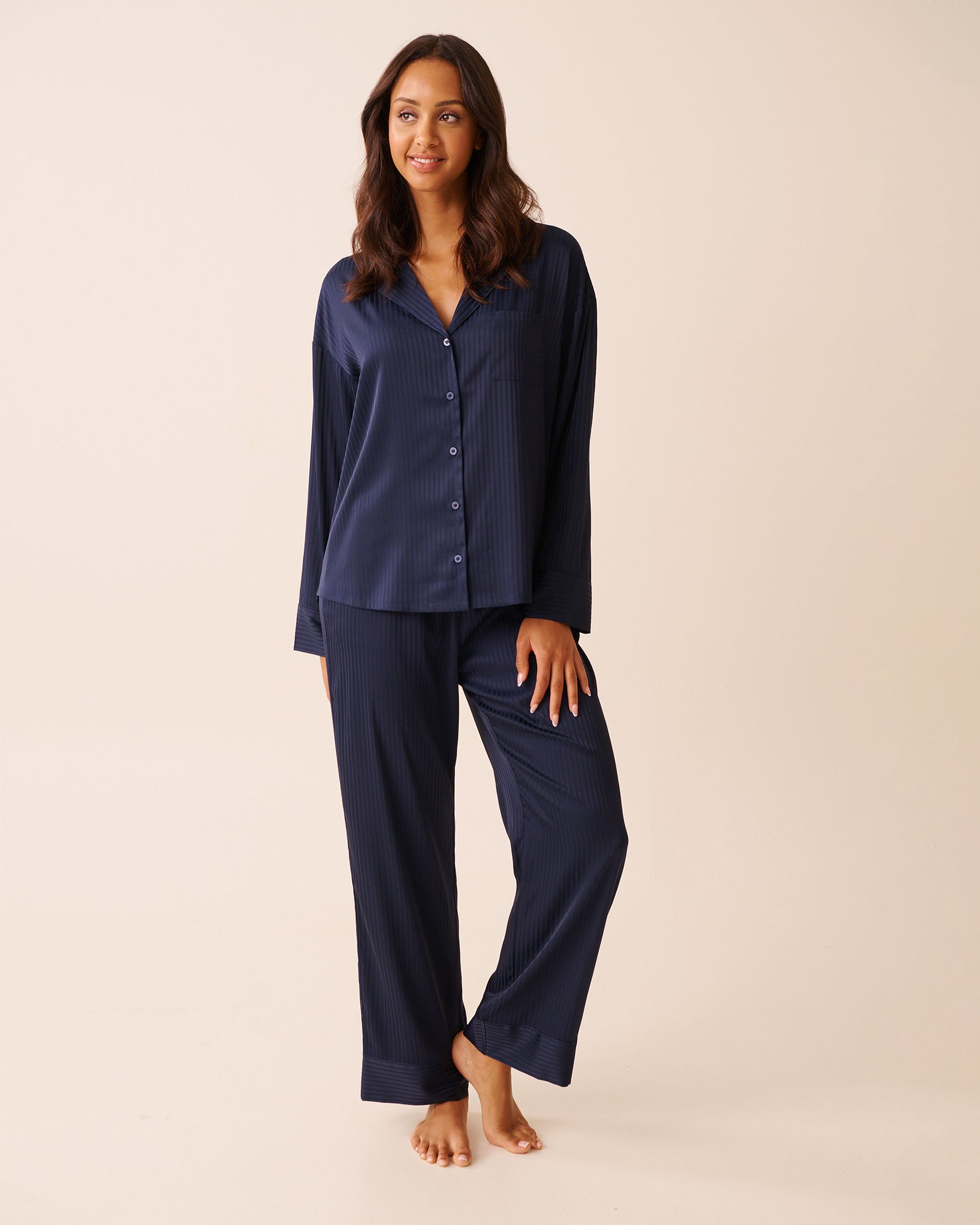LA VIE EN ROSE Jacquard Stripe Satin Pajama Set Evening Blue 60400064 - View1