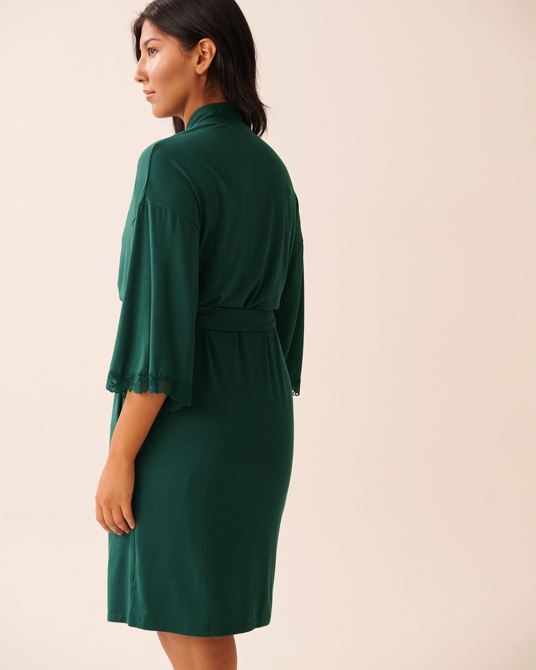 LA VIE EN ROSE Lace Trim Modal Kimono Fir Green 60600108 - View2