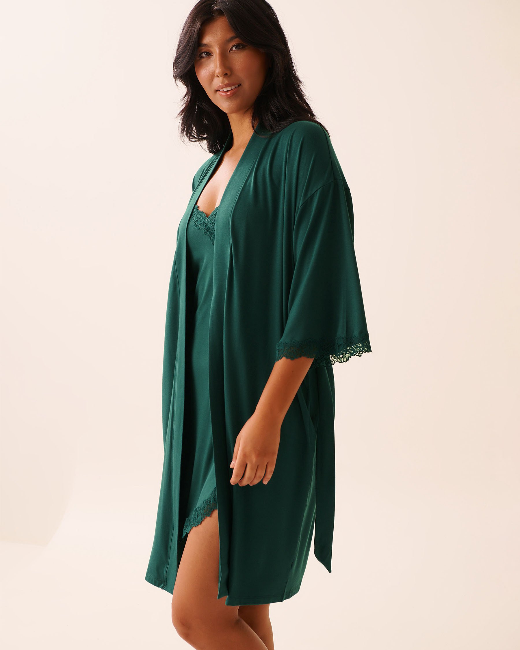 LA VIE EN ROSE Lace Trim Modal Kimono Fir Green 60600108 - View4