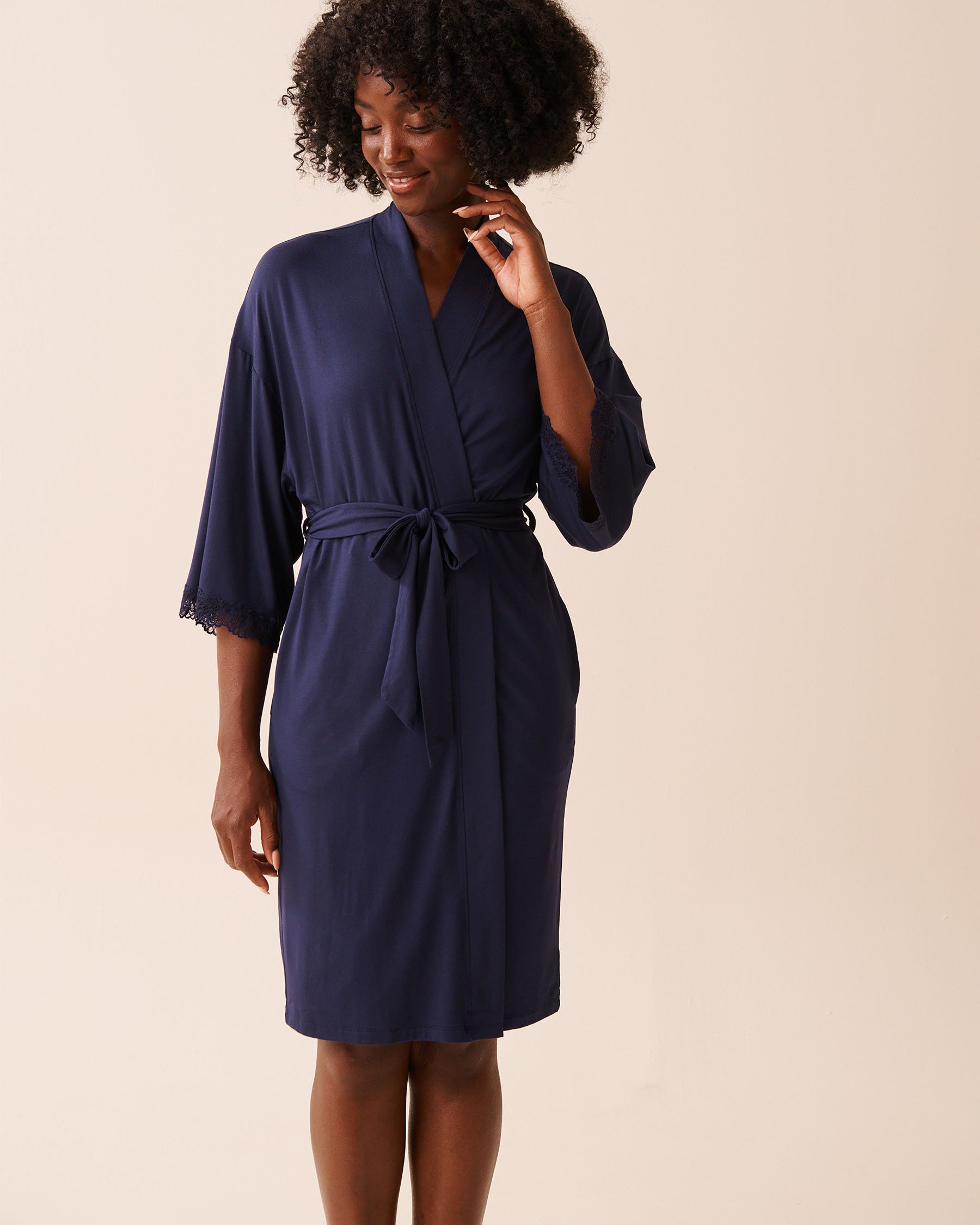 LA VIE EN ROSE Lace Trim Modal Kimono Evening Blue 60600108 - View1