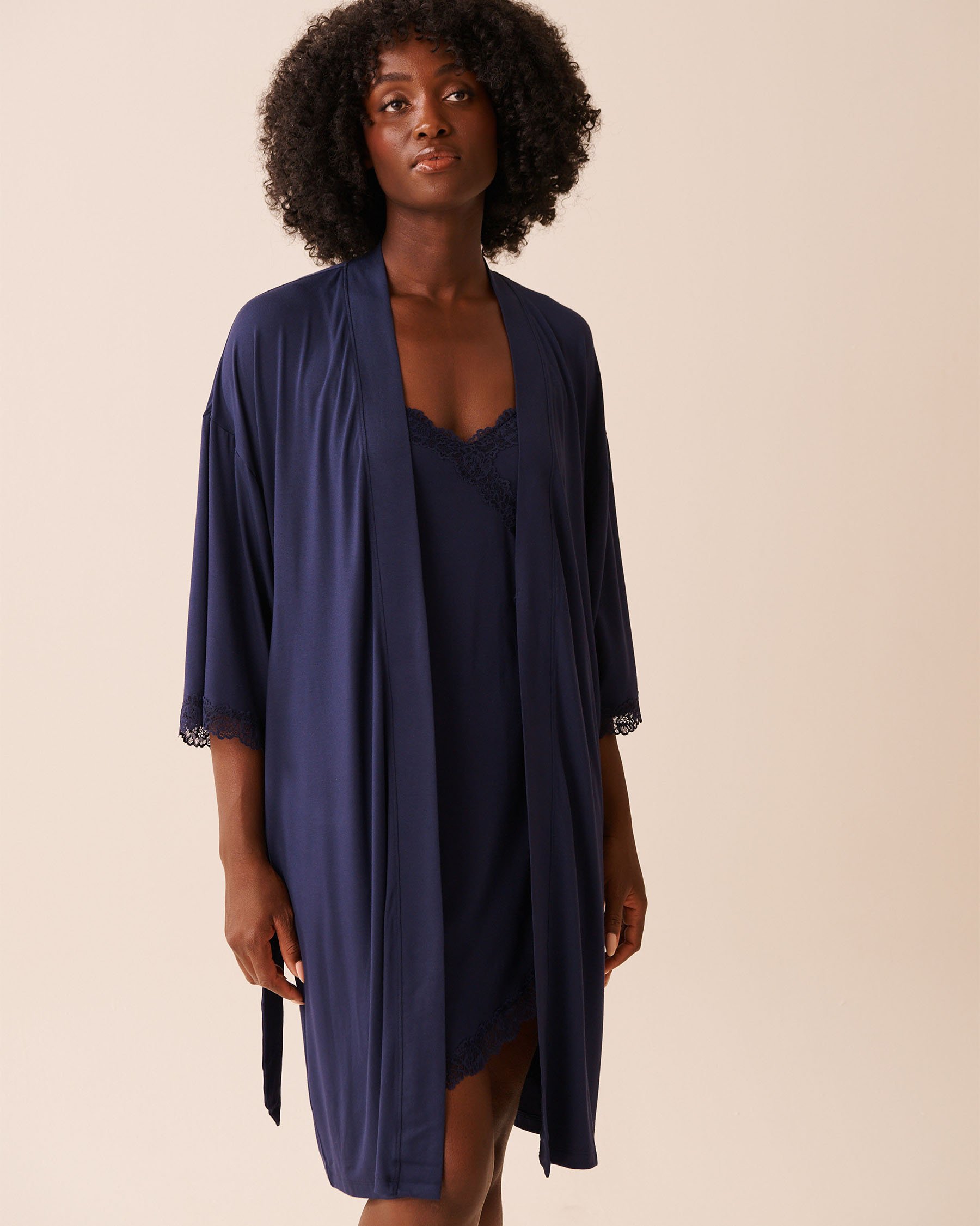 LA VIE EN ROSE Lace Trim Modal Kimono Evening Blue 60600108 - View4