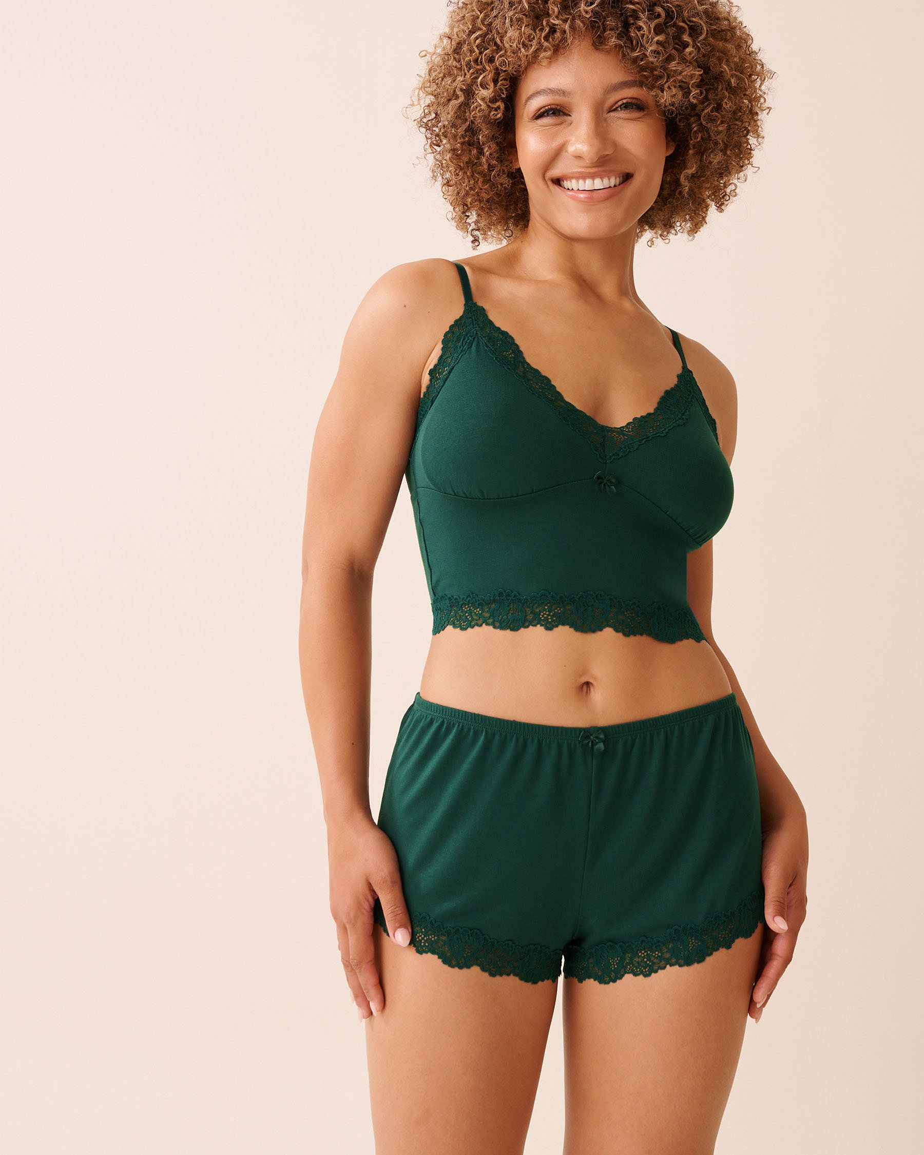 LA VIE EN ROSE Lace Trim Modal Crop Cami Fir Green 60100164 - View1