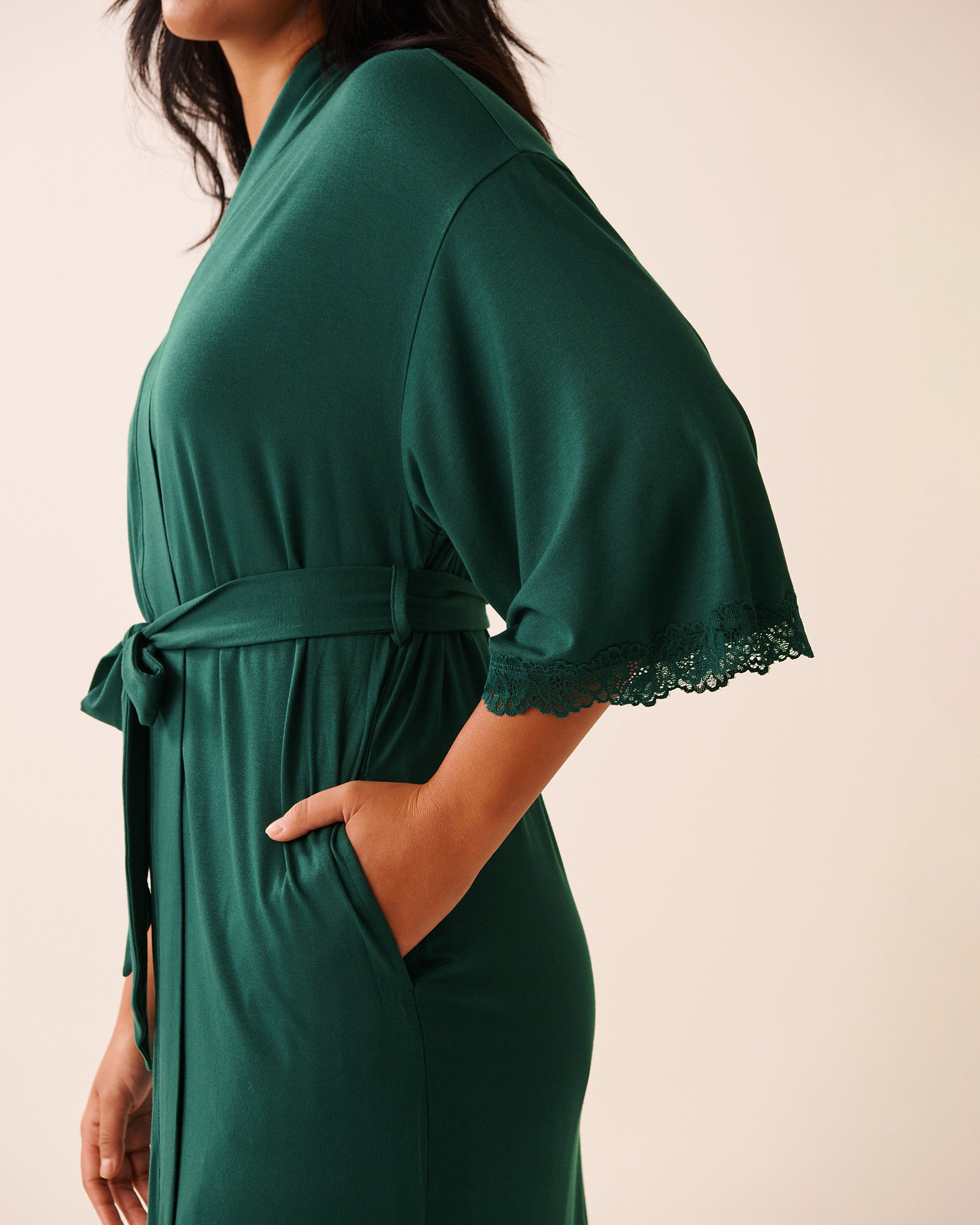 LA VIE EN ROSE Lace Trim Modal Kimono Fir Green 60600108 - View3