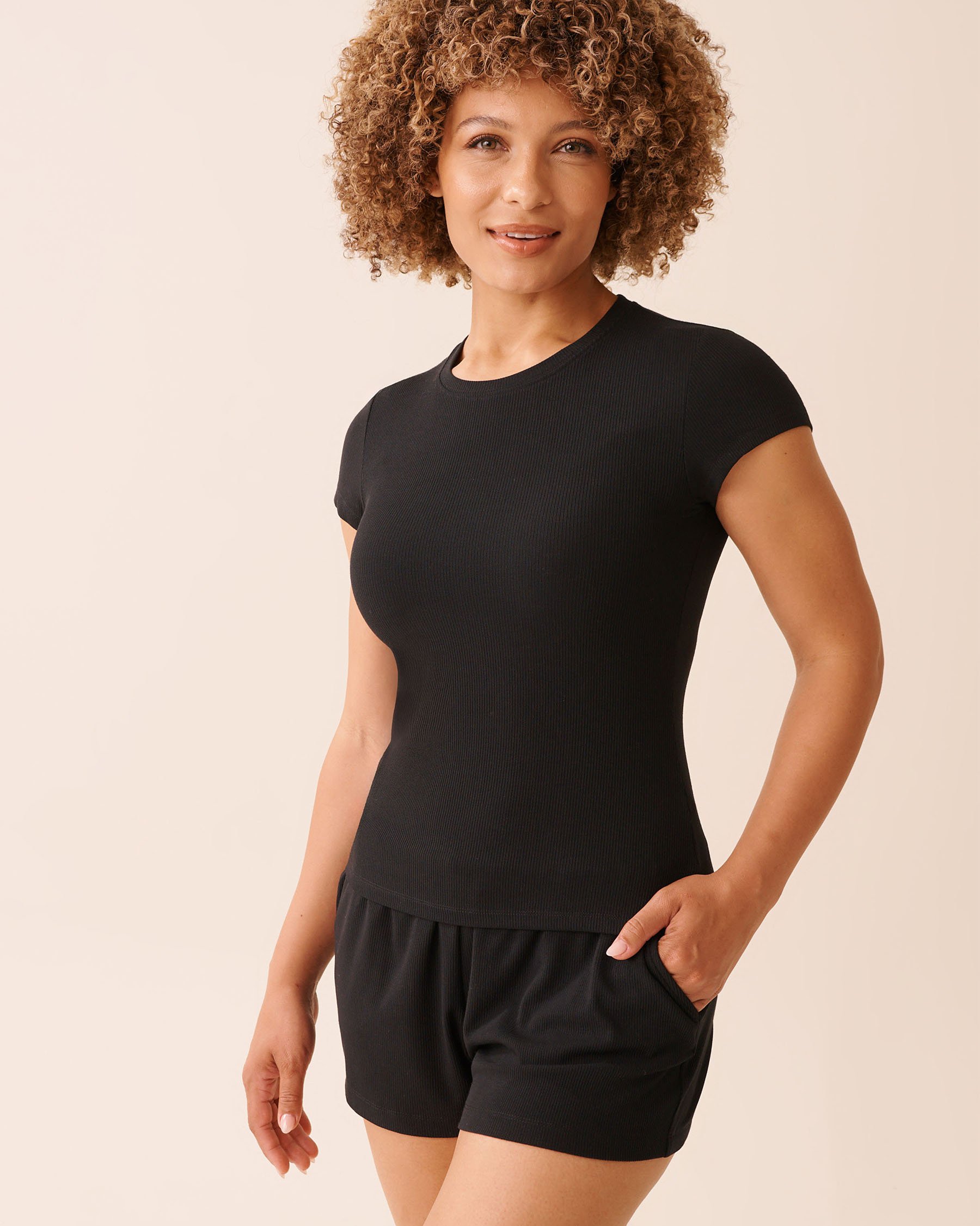 LA VIE EN ROSE Ribbed Modal T-shirt Black 60100172 - View1