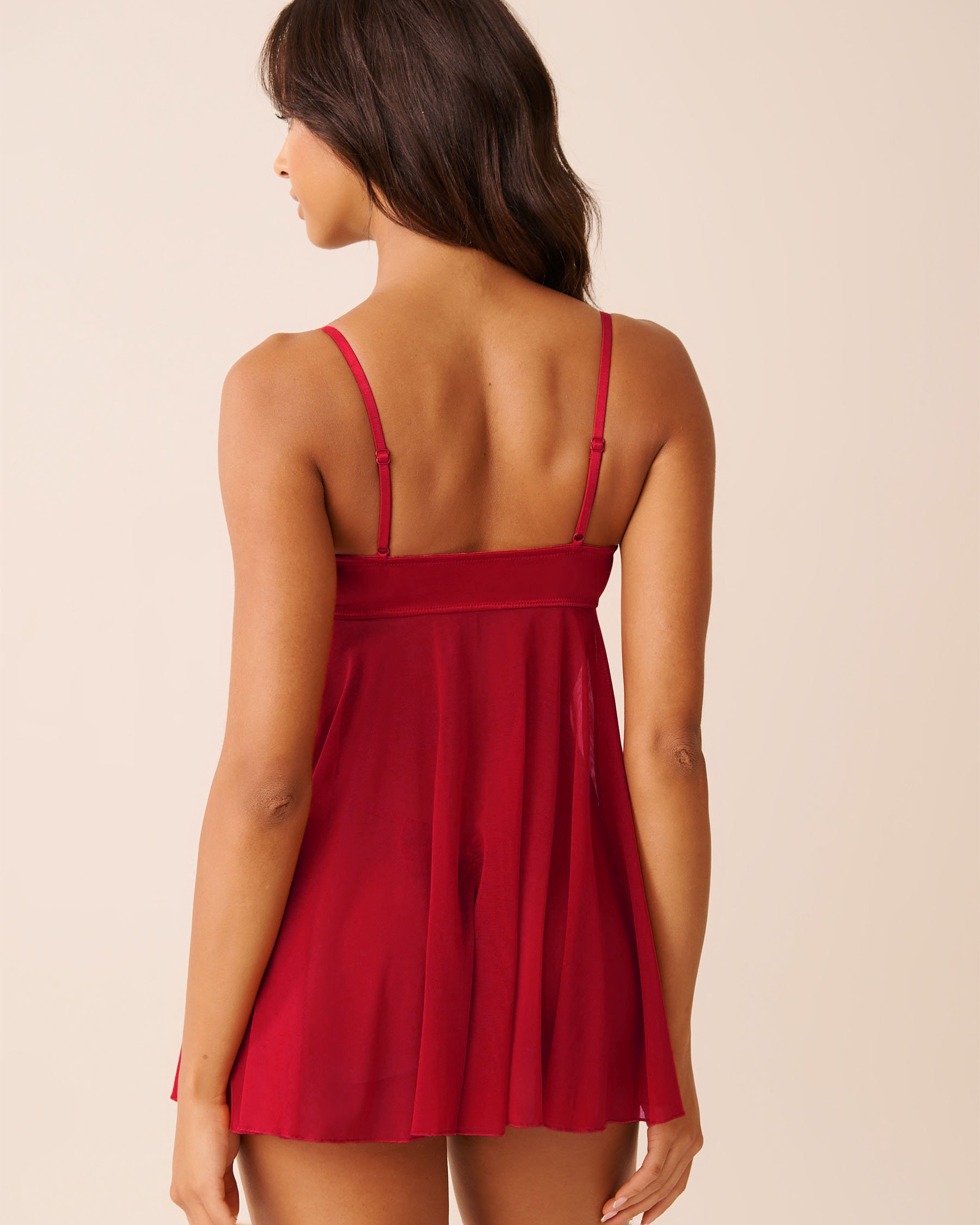 LA VIE EN ROSE Open Front Satin and Mesh Babydoll with Bow Merry Red 60500216 - View2