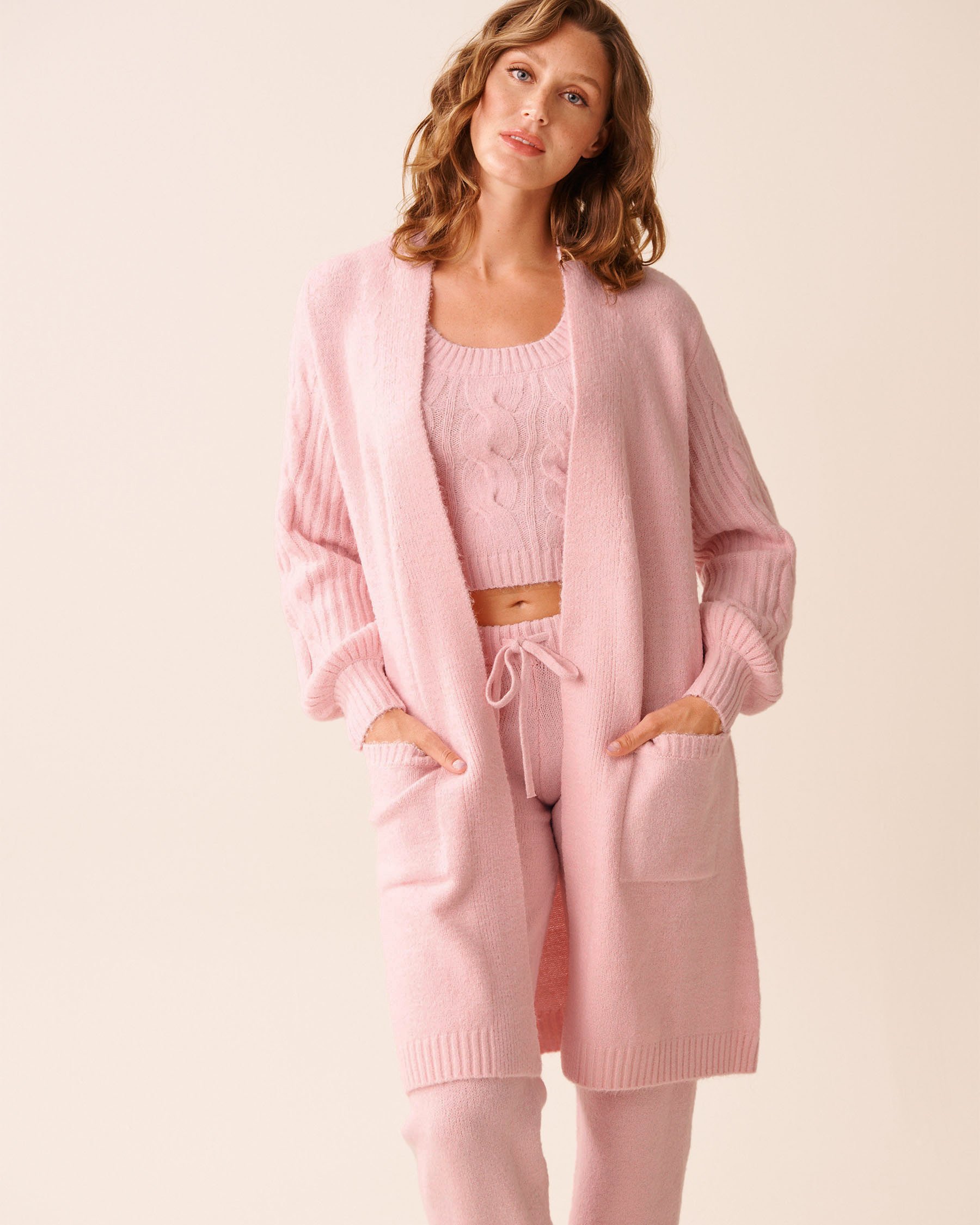 LA VIE EN ROSE Cable Sleeve Knit Long Cardigan Light Pink 50500017 - View1