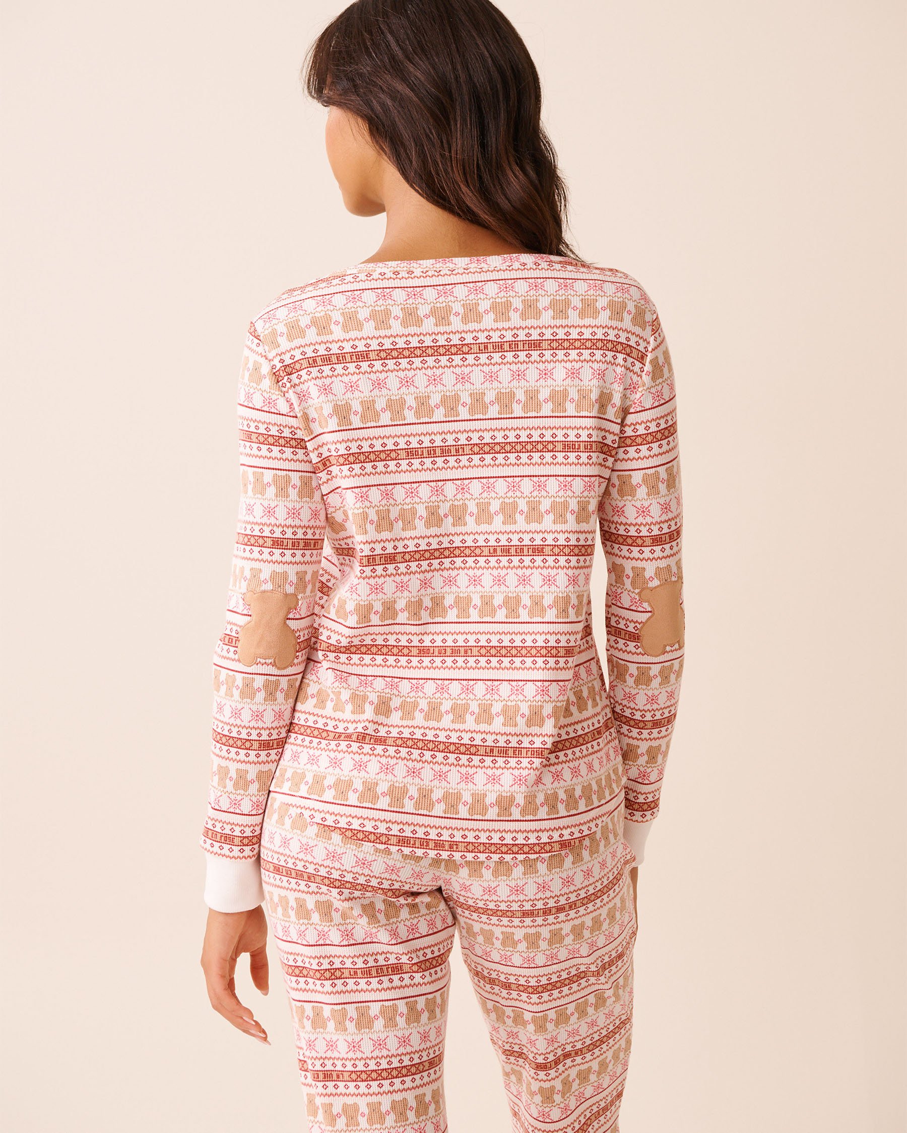 LA VIE EN ROSE Teddy Bear Print Waffle Knit Long Sleeve Shirt Fair Isle/Teddy Bears 40100800 - View4
