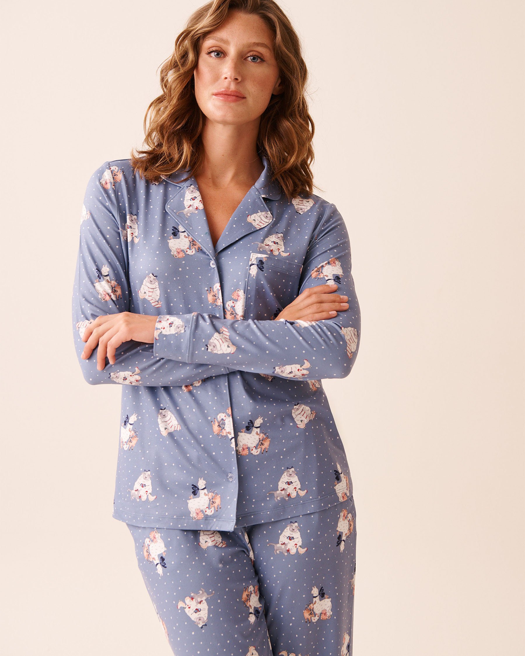 LA VIE EN ROSE Farm Friends Print Super Soft Button-down Shirt Light Blue/Farm Animals 40100805 - View2