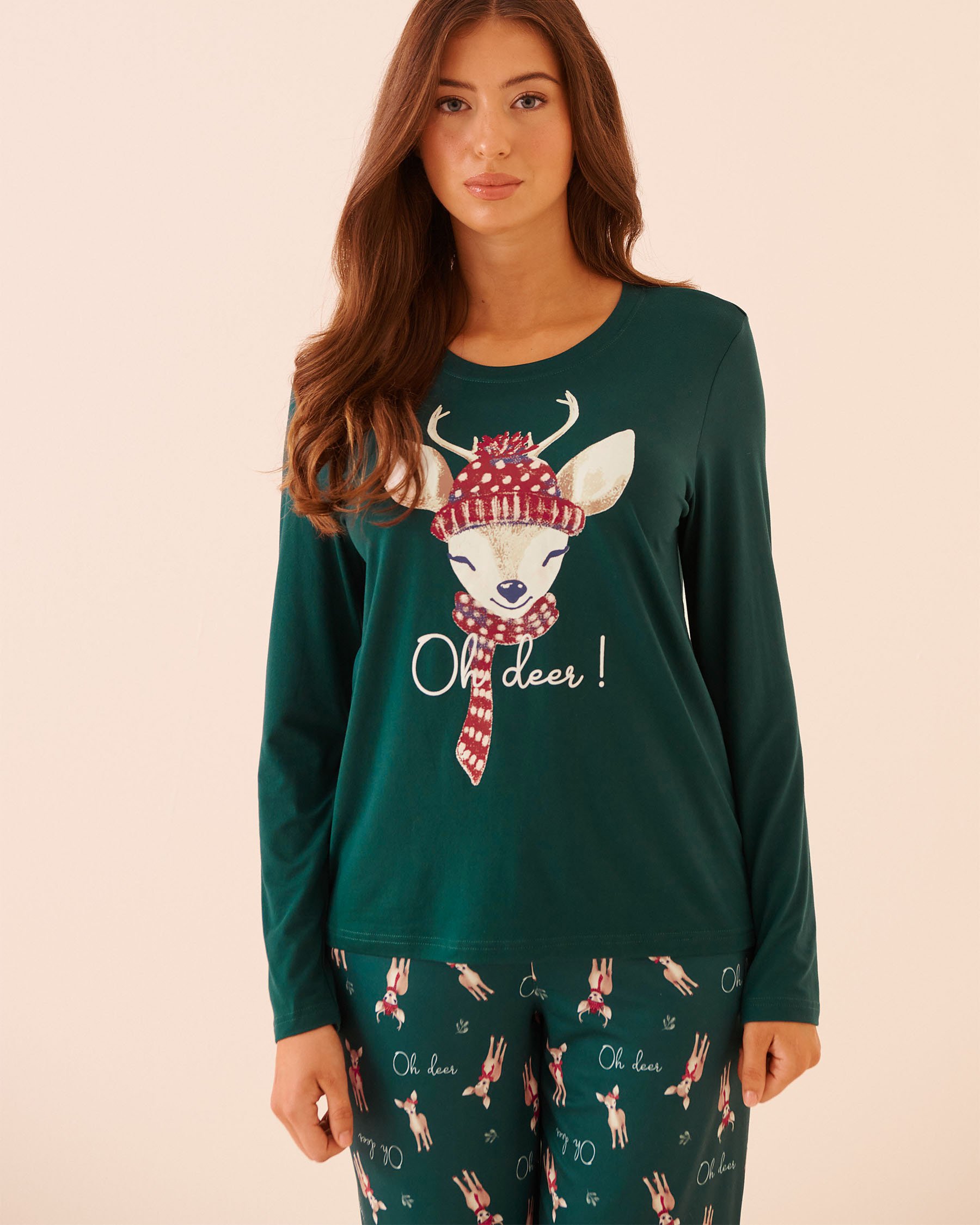 LA VIE EN ROSE Deer Print Super Soft Long Sleeve Shirt Fir Green 40100809 - View3