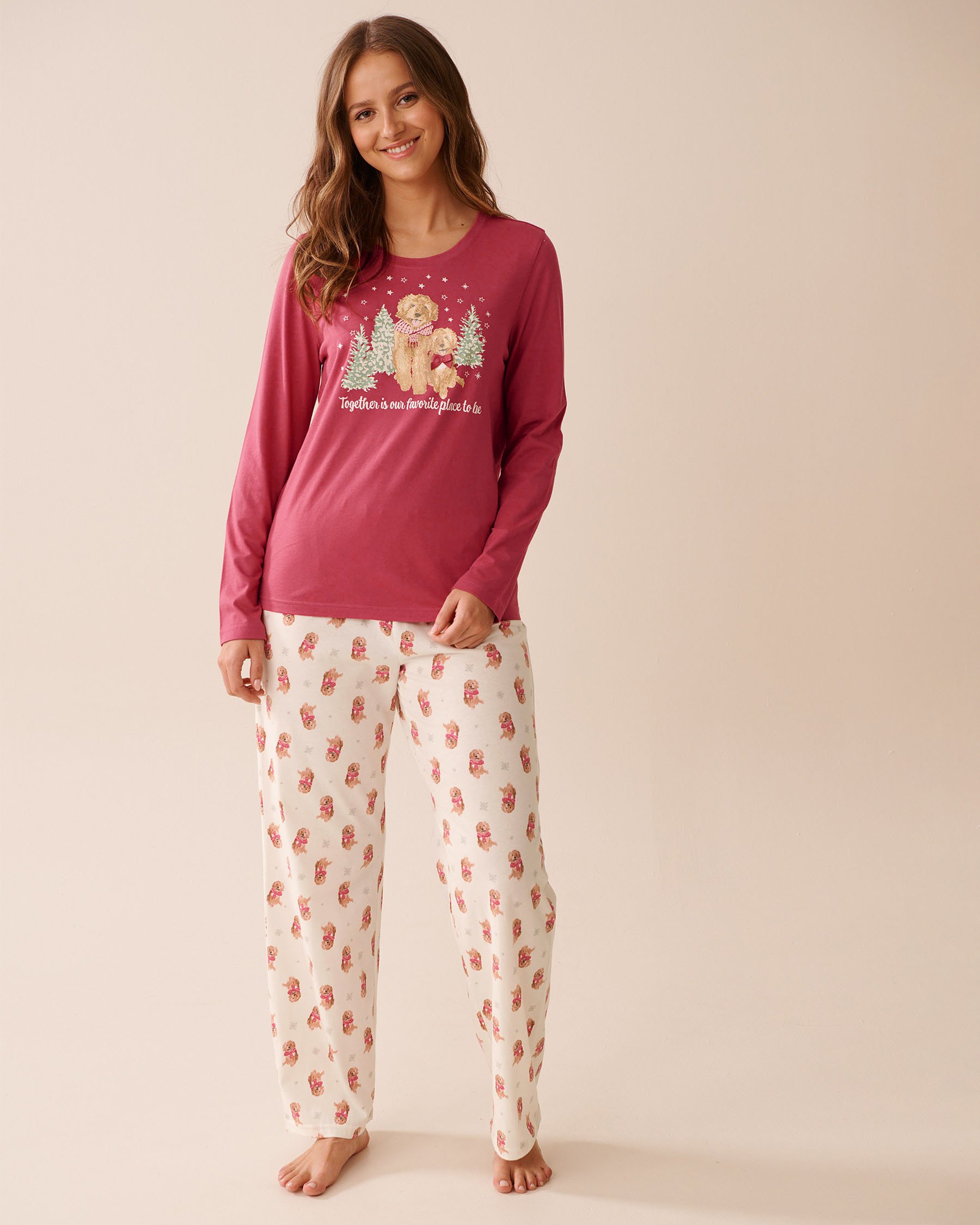 LA VIE EN ROSE Dog Print Cotton PJ Set Red/Dogs 40400087 - View1