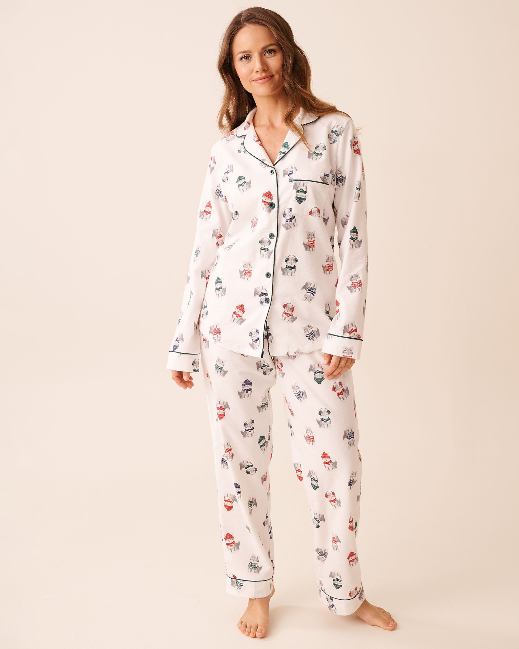 LA VIE EN ROSE Cat Print Flannel PJ Set White/Cats 40400089 - View1