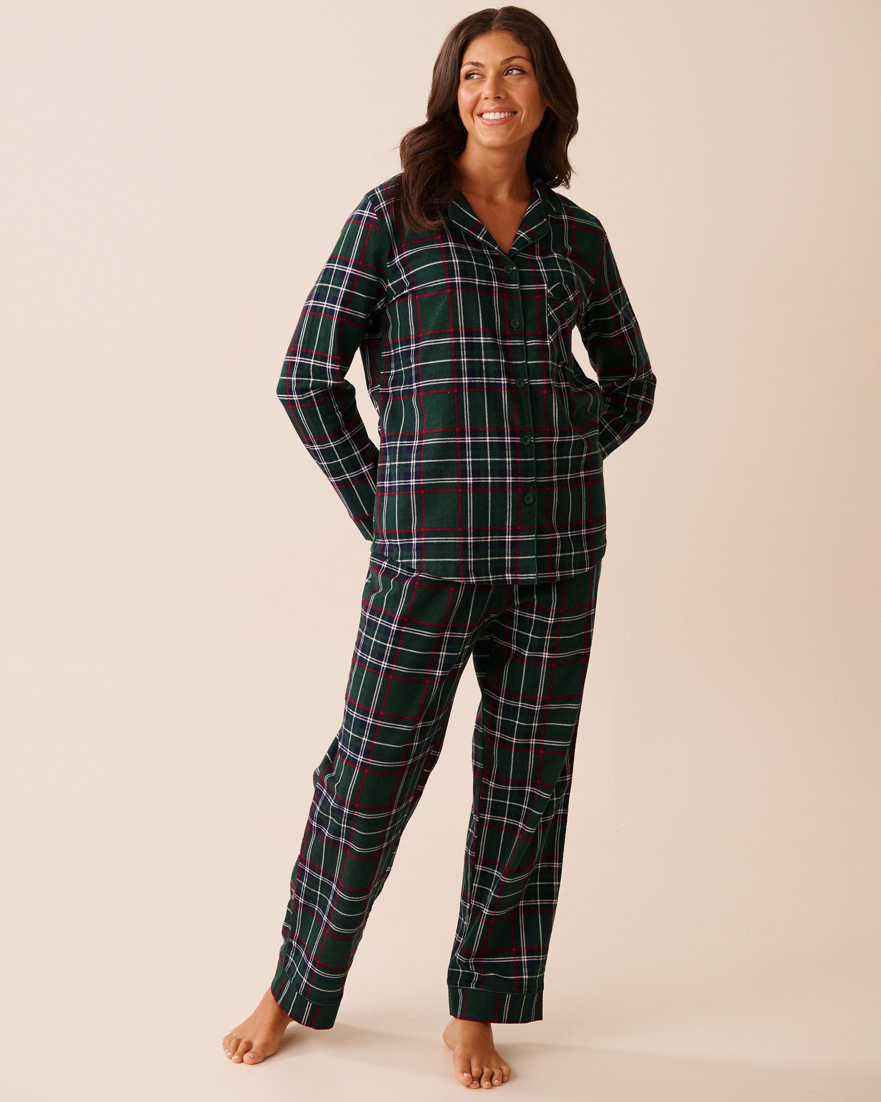 LA VIE EN ROSE Green Plaid Flannel PJ Set Green Plaid 40400089 - View1