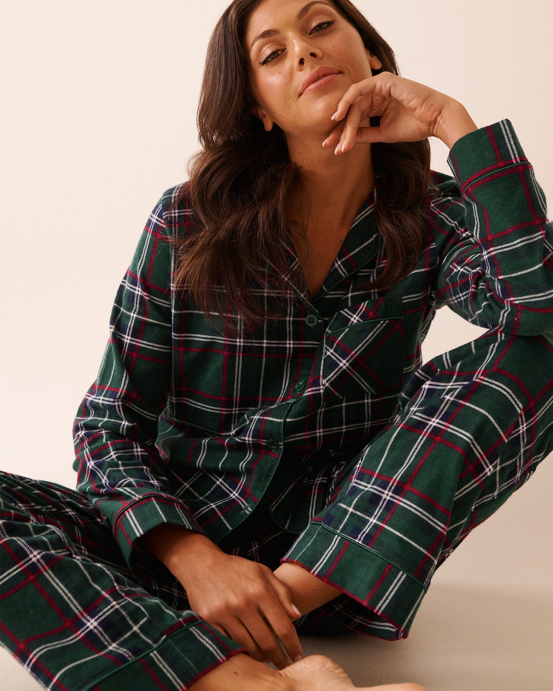 LA VIE EN ROSE Green Plaid Flannel PJ Set Green Plaid 40400089 - View6