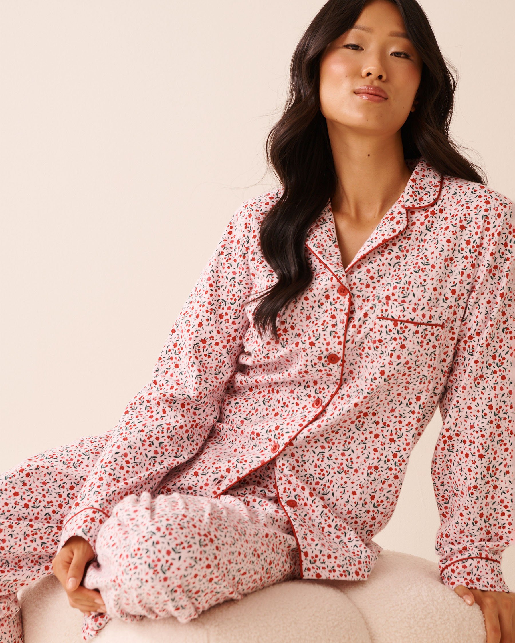 LA VIE EN ROSE Red Floral Print Flannel PJ Set Red Floral 40400089 - View1