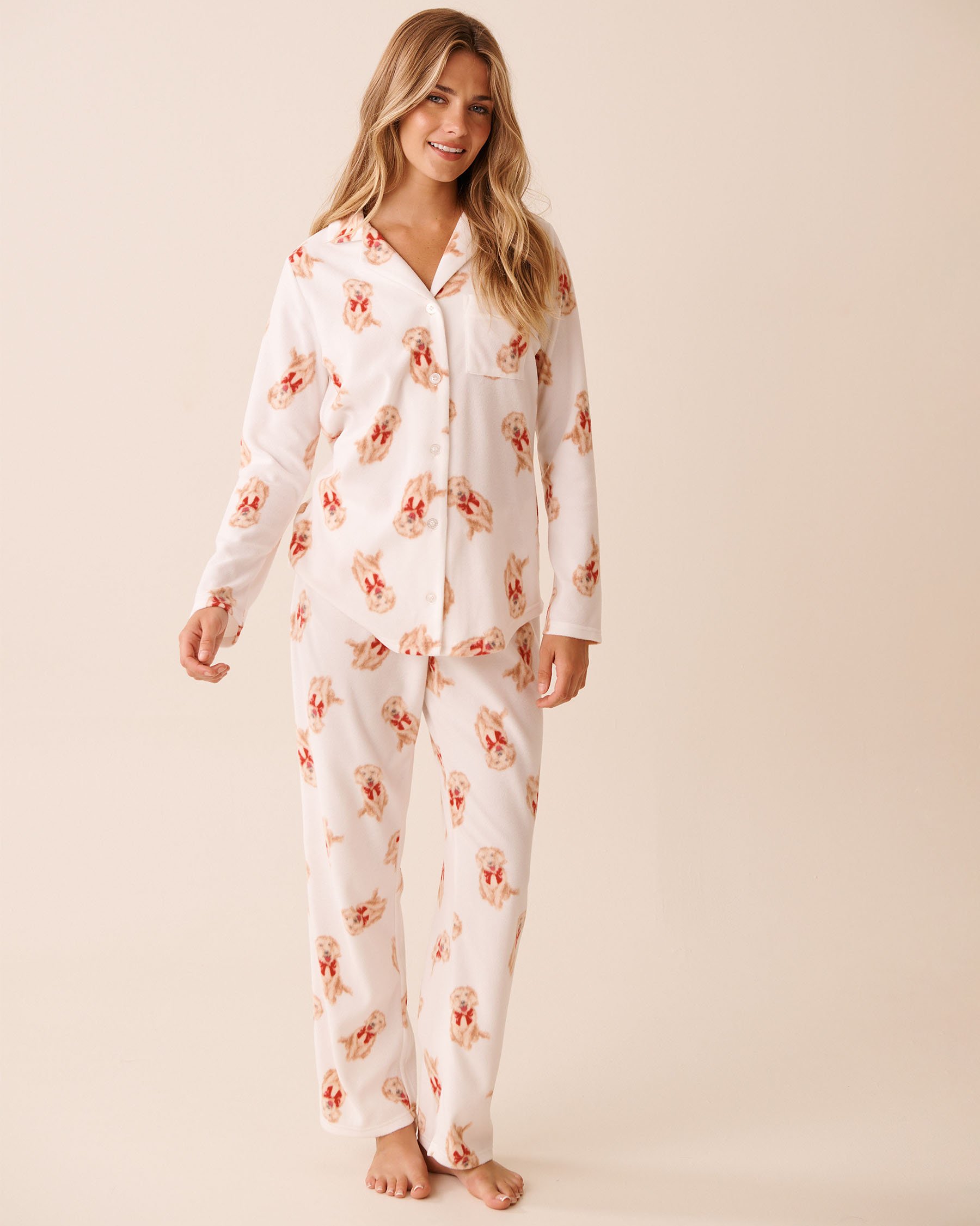 LA VIE EN ROSE Dog Print Microfleece PJ Set White/Dogs 40400090 - View3