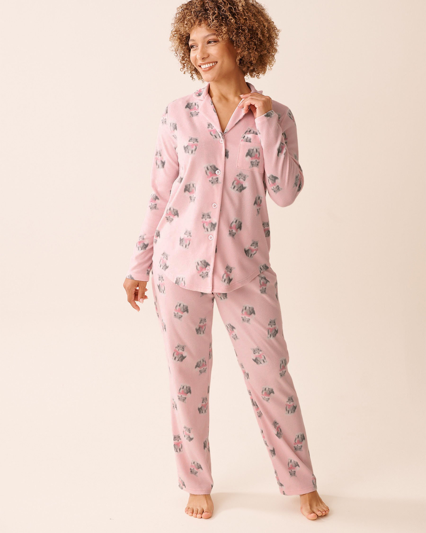 LA VIE EN ROSE Cat Print Microfleece PJ Set Pink/Cats 40400090 - View1