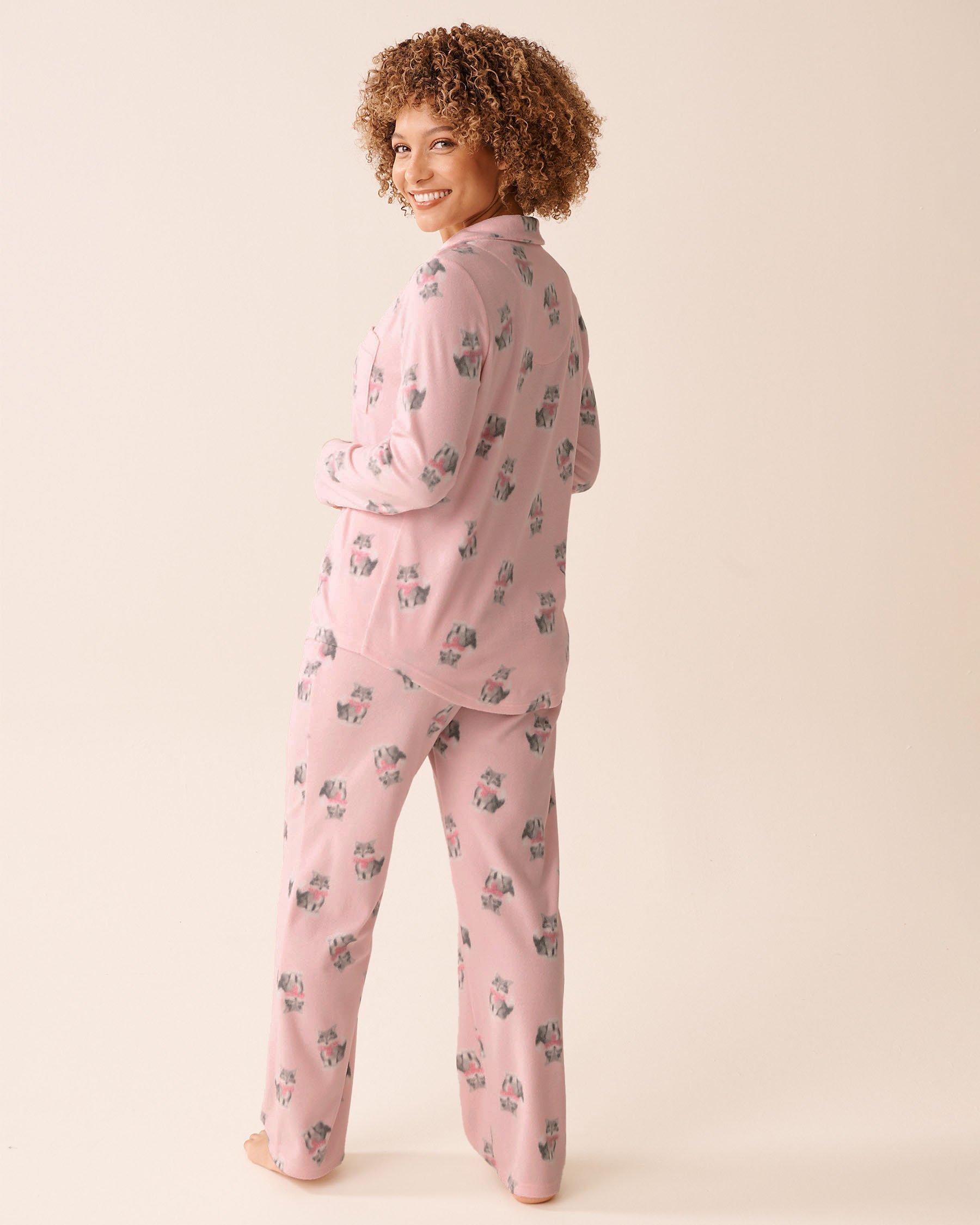 LA VIE EN ROSE Cat Print Microfleece PJ Set Pink/Cats 40400090 - View2