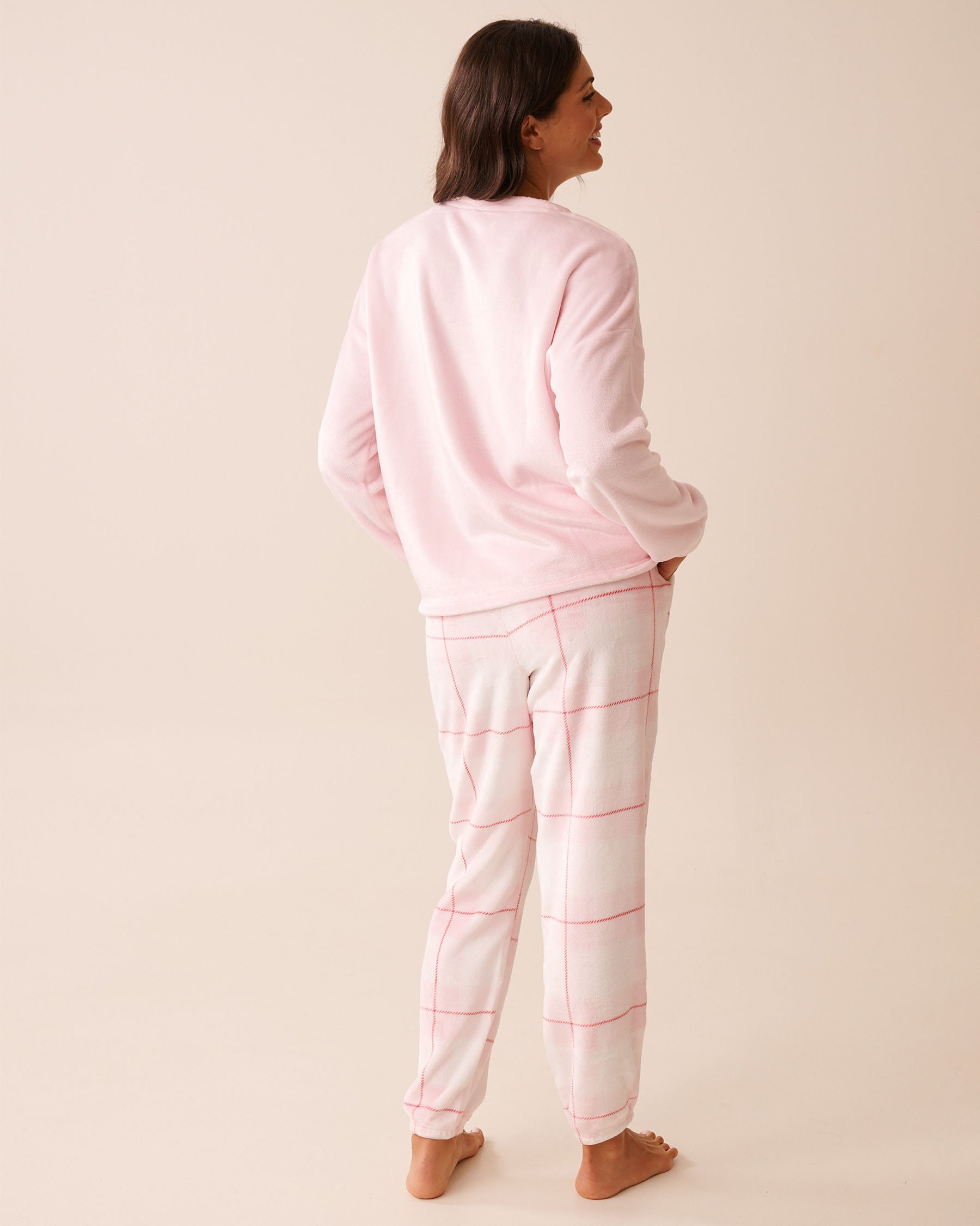 LA VIE EN ROSE Teddy Bear Print Soft Plush PJ Set Light Pink/Teddy Bear 40400091 - View4