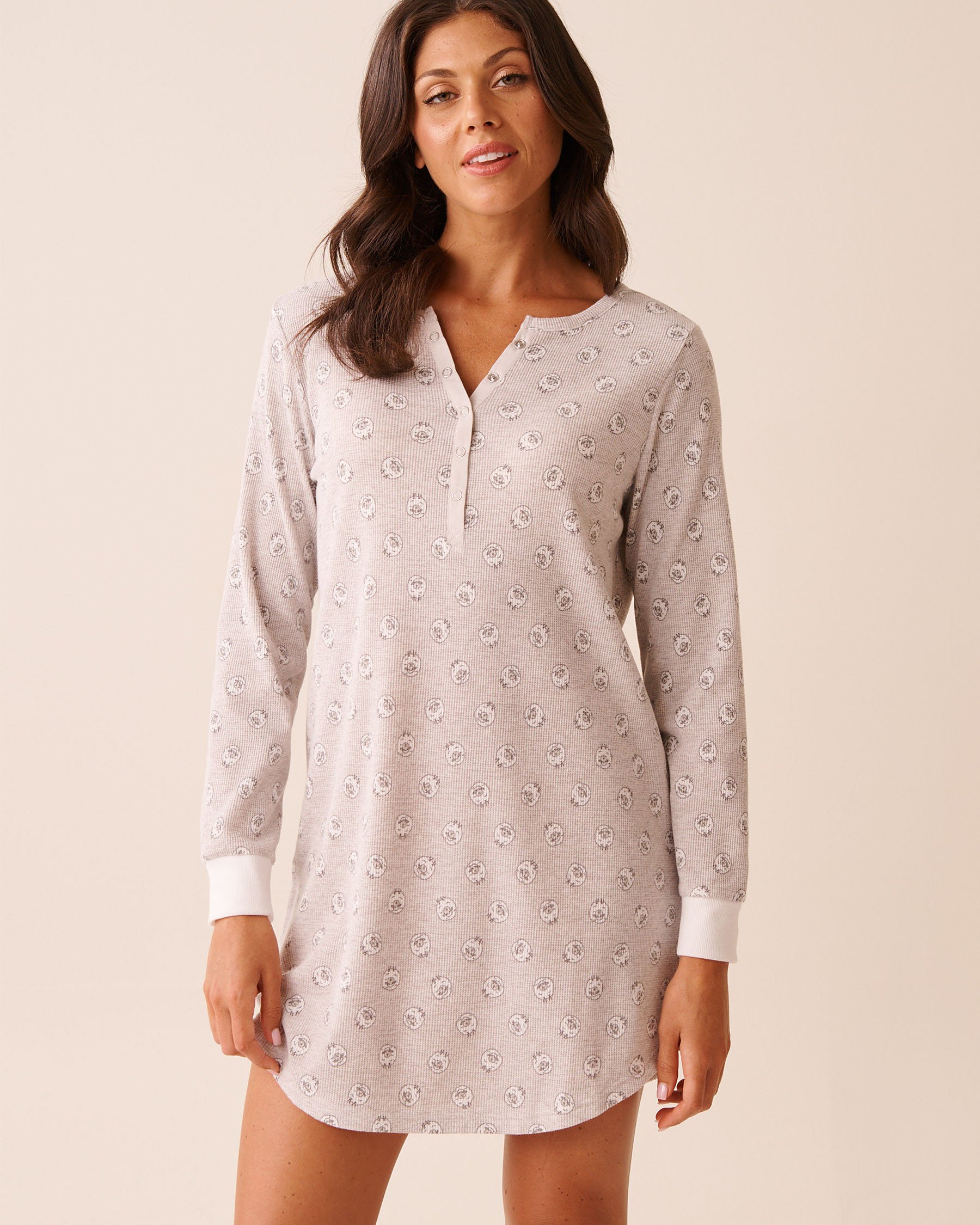 LA VIE EN ROSE Sheep Print Waffle Knit Long Sleeve Sleepshirt Light Grey/Sheep 40500458 - View1