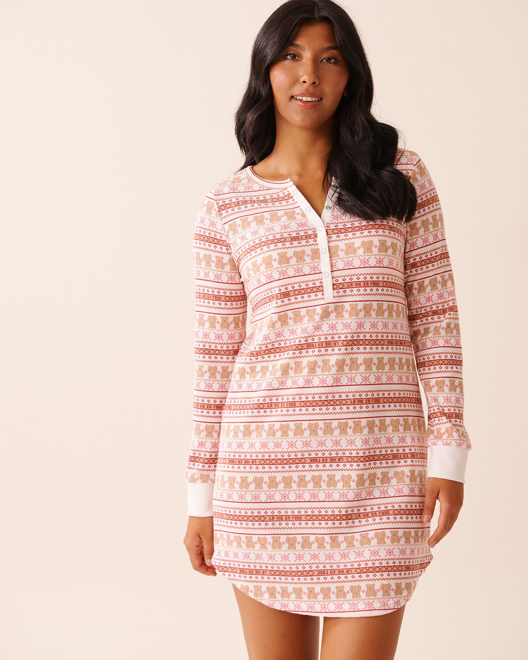 LA VIE EN ROSE Teddy Bear Print Waffle Knit Long Sleeve Sleepshirt Fair Isle/Teddy Bears 40500458 - View1