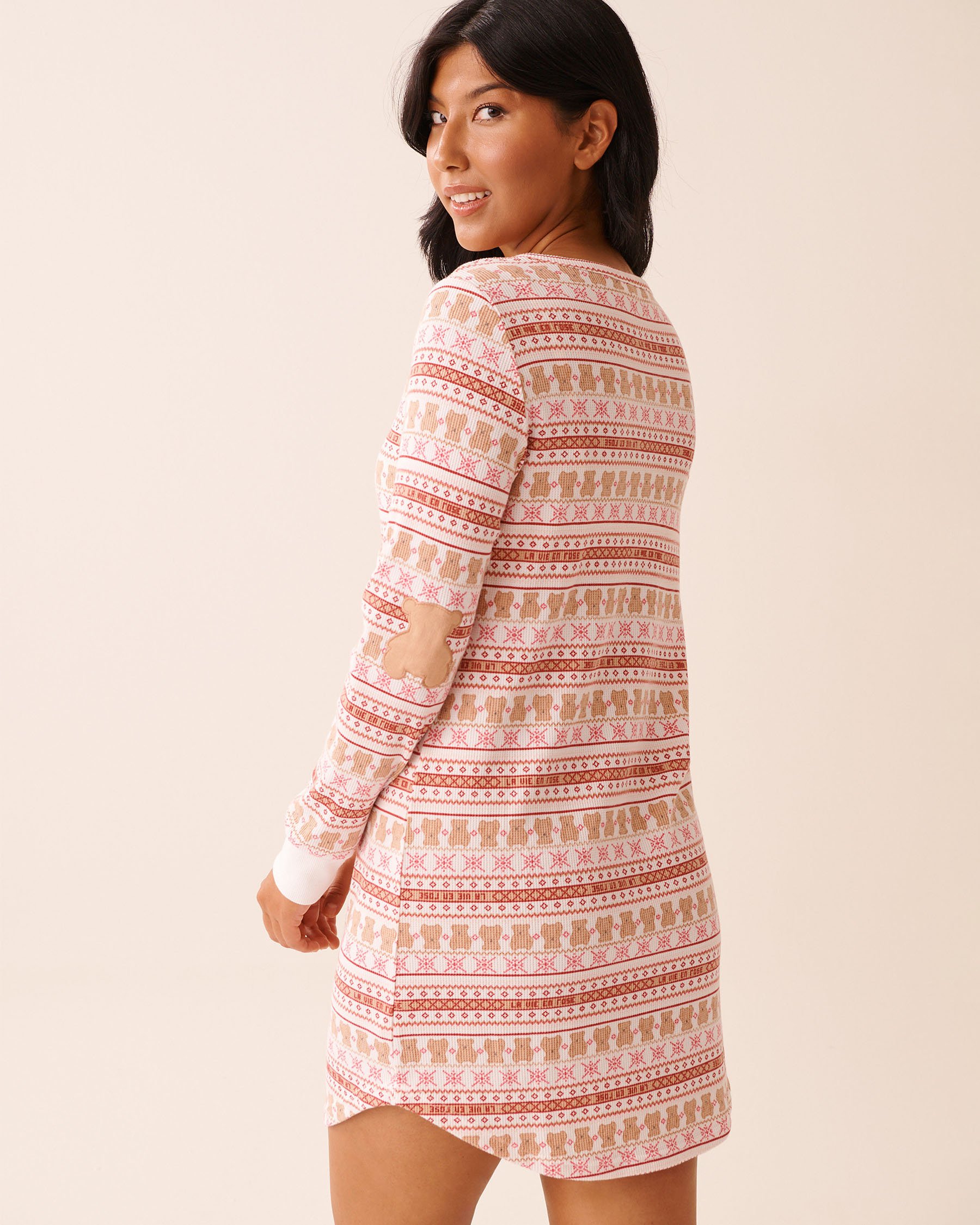 LA VIE EN ROSE Teddy Bear Print Waffle Knit Long Sleeve Sleepshirt Fair Isle/Teddy Bears 40500458 - View2